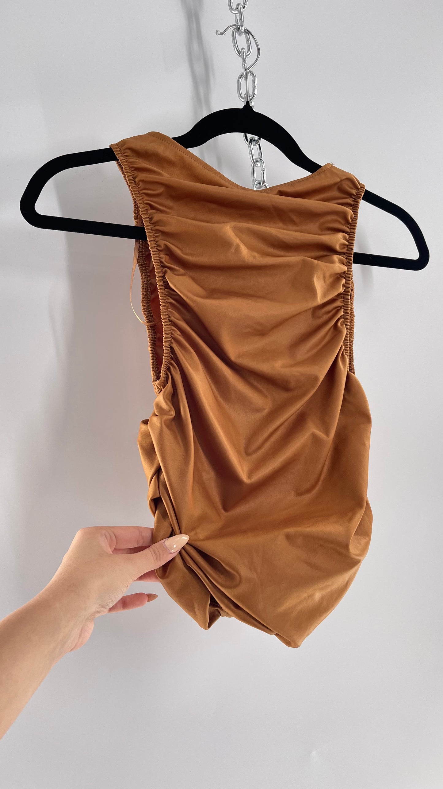 Free People Faux Leather Cognac Ruched High Neck Tank with Bust Cut Out (S)