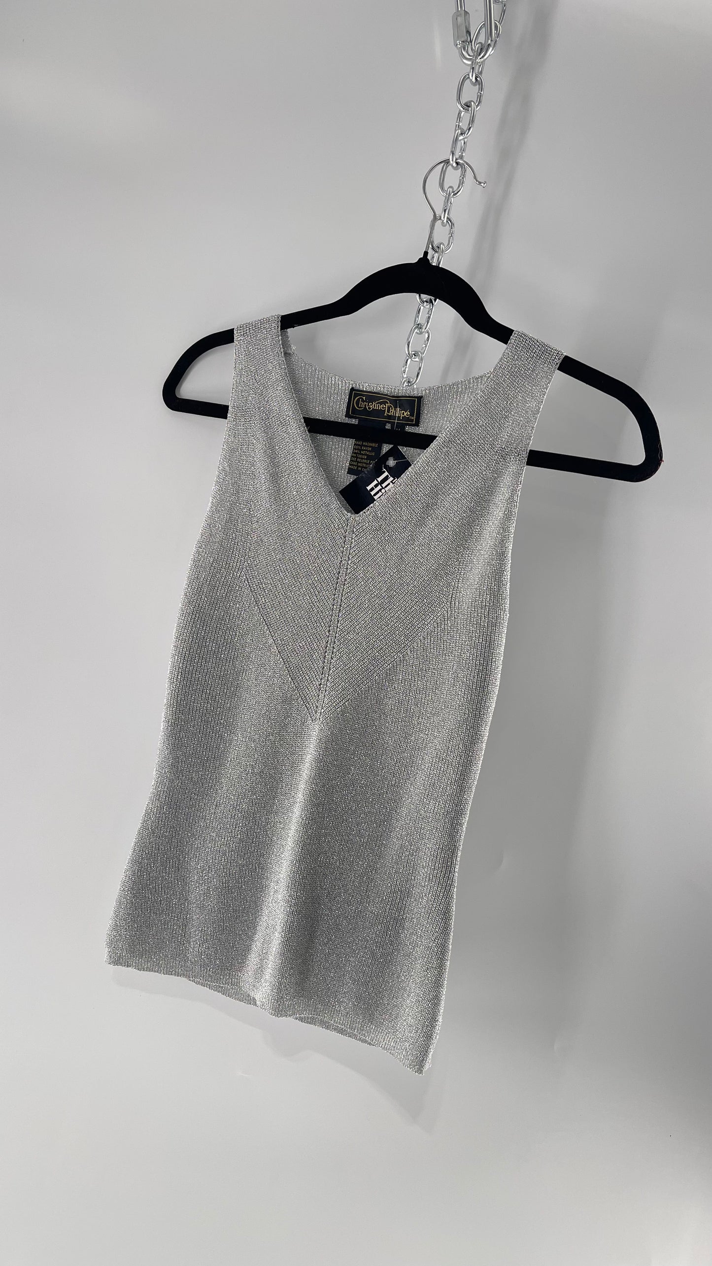 Vintage Christine Phillipe Vintage Metallic Silver Tinsel Knit Tank (Medium)