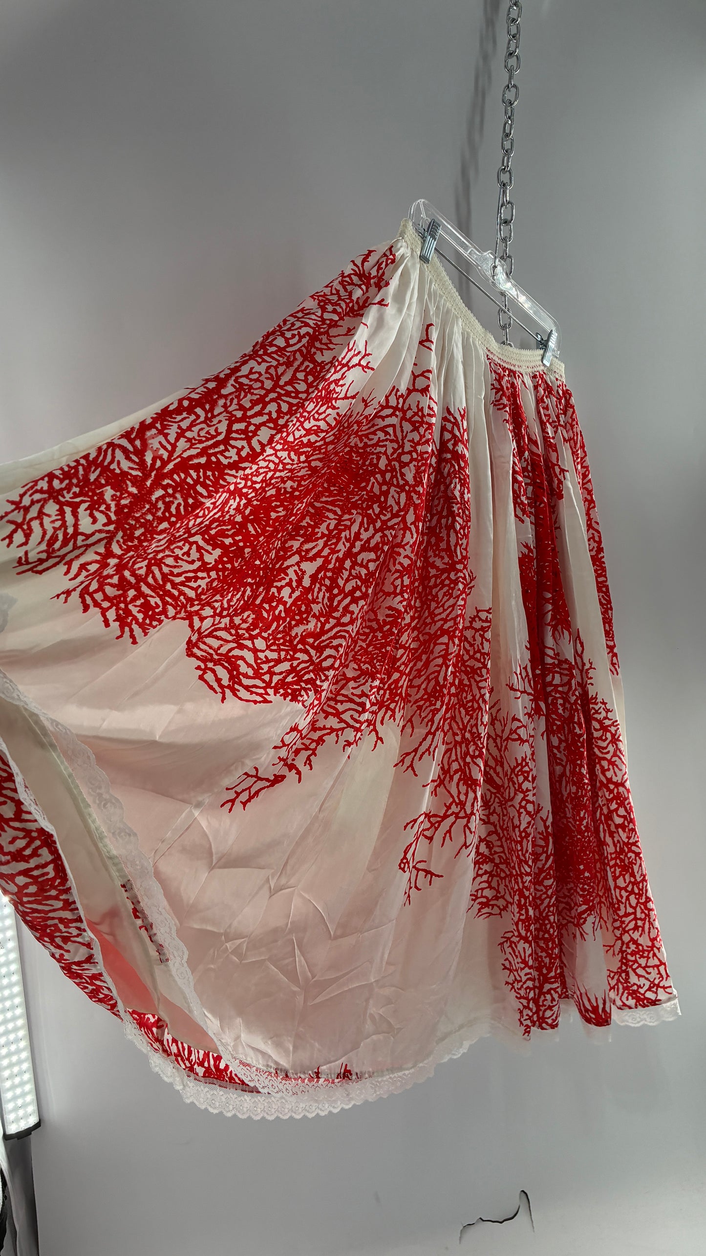 Handmade Vintage Full Length Voluminous Silky Skirt with Red Design (Large)