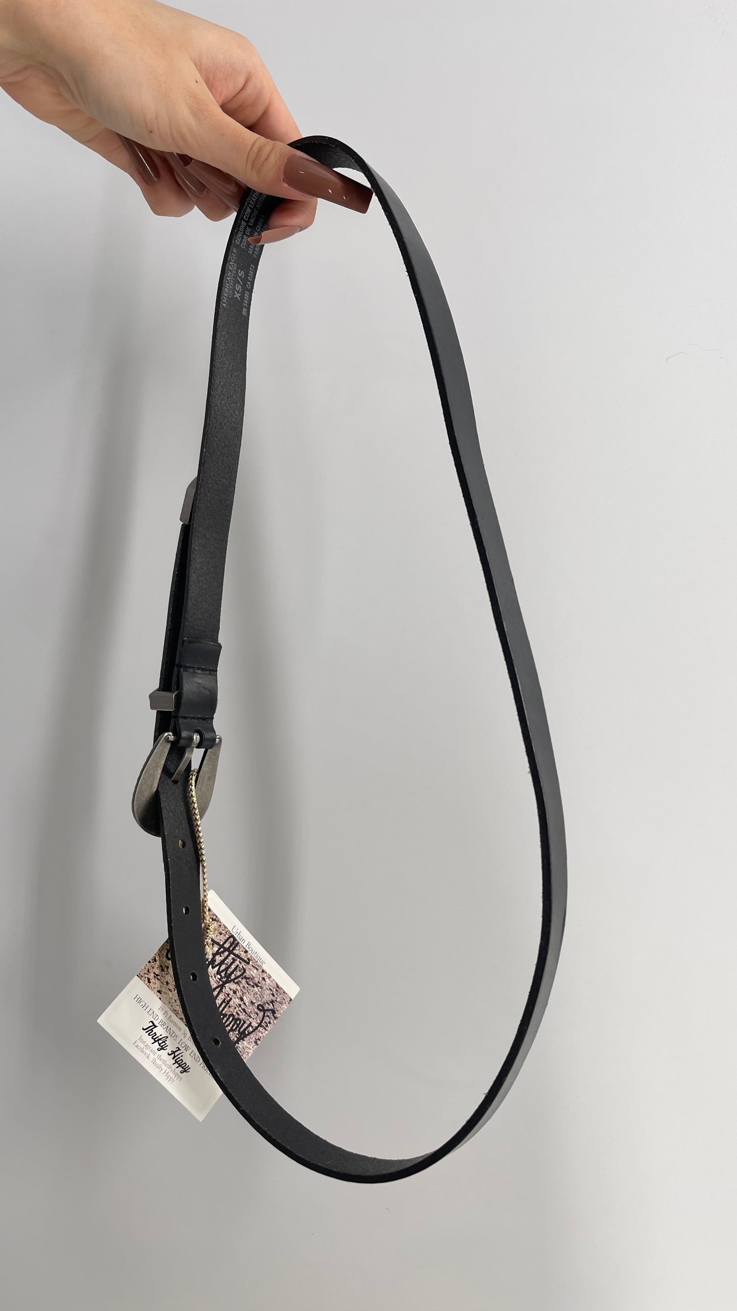 Skinny Black Leather Western Buckle Belt (XS/S)