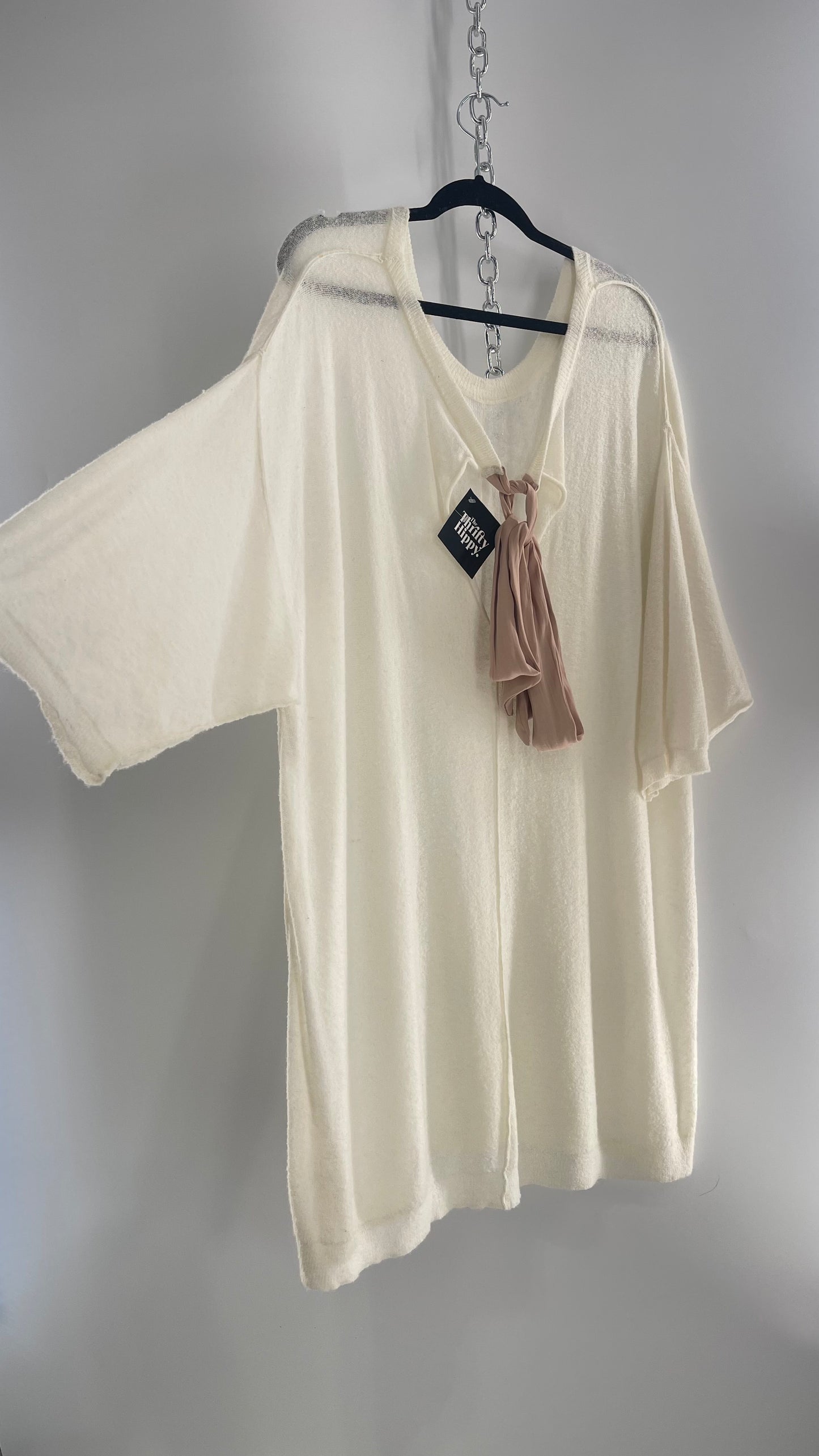 Free People Off White Thin Knit Cozy Sweater Dress with Open Back and Dusty Rose Ribbon (L)