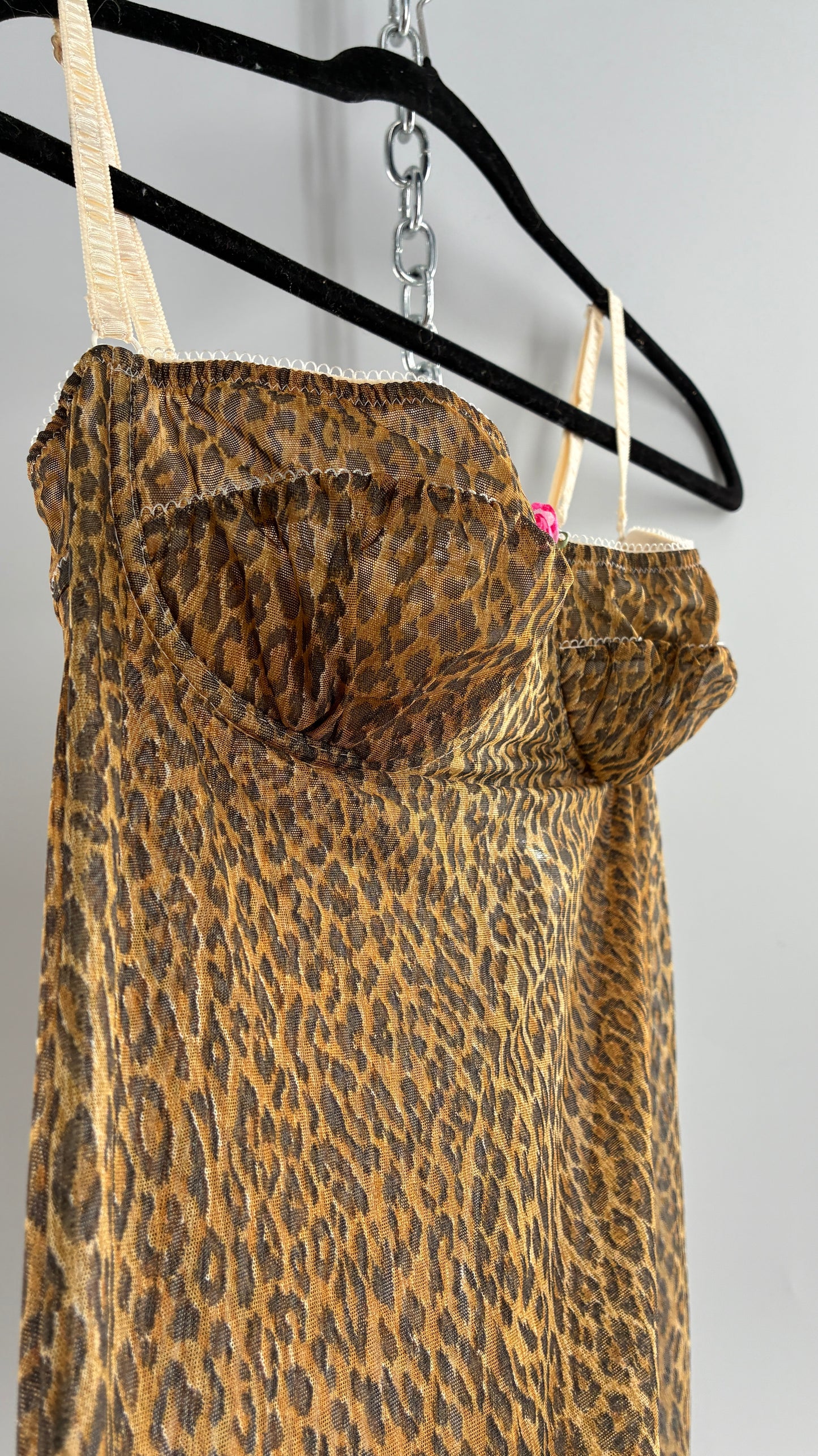 Vintage 1990s Dolce & Gabanna Cheetah Mesh Babydoll Camisole with Underwire Ruched Bust, Rosette and Branded Appliqué Tag (Large)