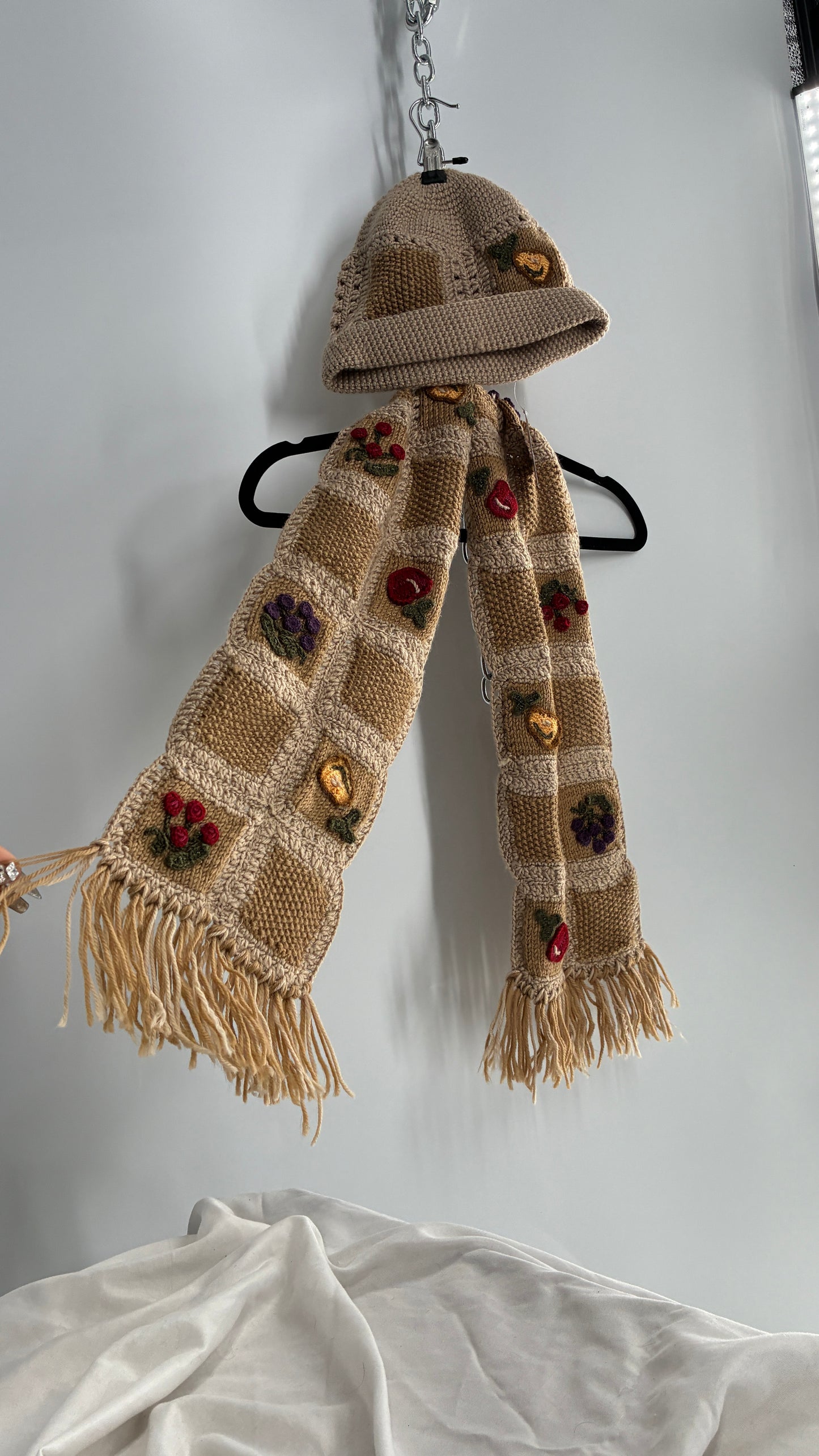 Vintage Crochet Knit Fruits of the Loom Hat and Scarf Set