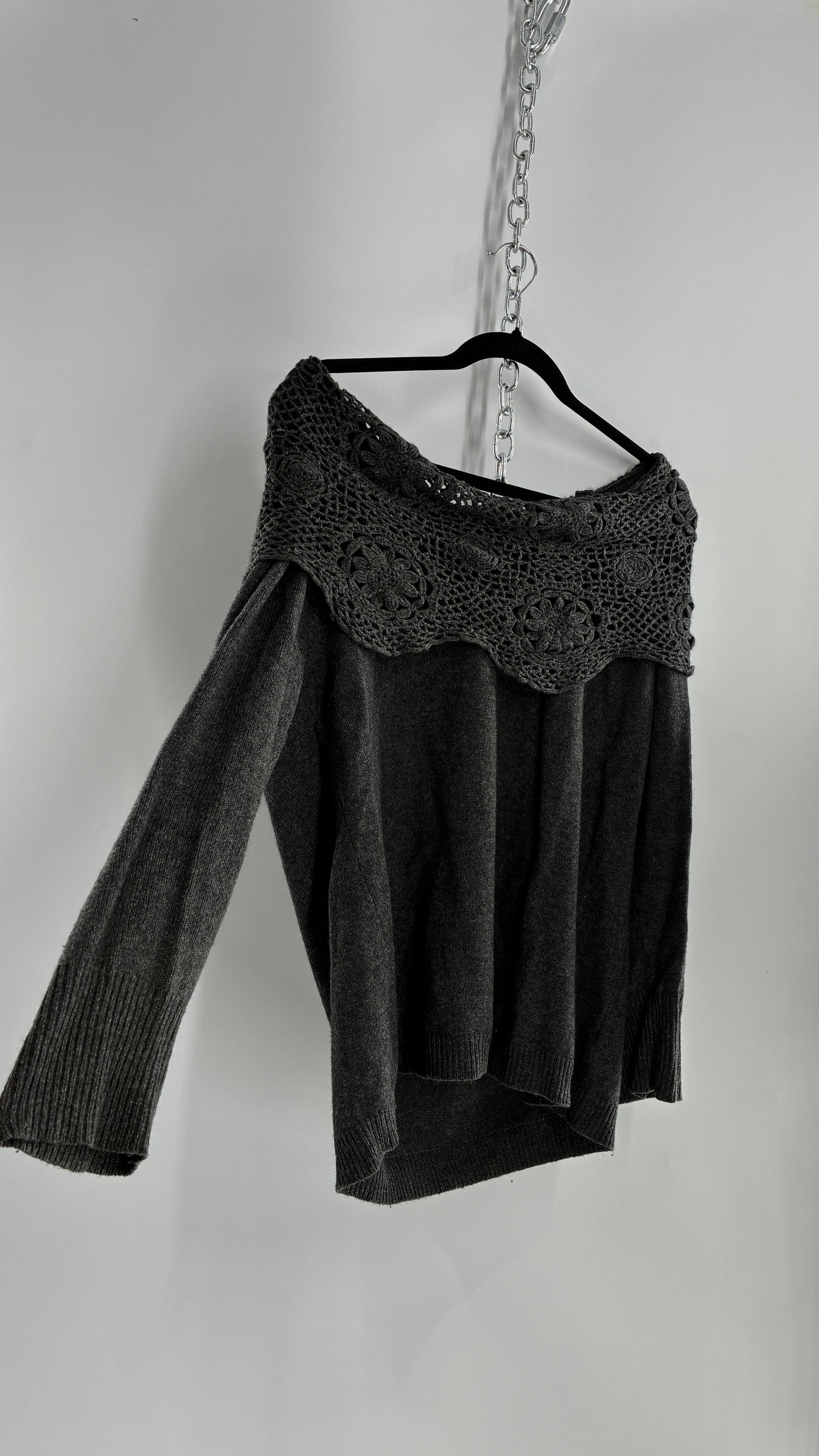 Vintage ELENA MIRO 29% Virgin Wool 8% Angora Wool 8% Cashmere Grey Off the Shoulder Crochet Band Sweater (Medium)