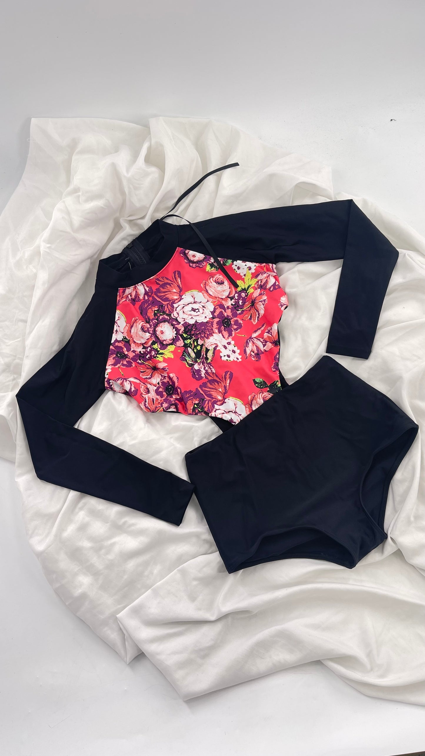 BEACH RIOT x Free People Black Long Sleeve Swimsuit with Hot Pink Floral Torso and Cut Outs (XS)
