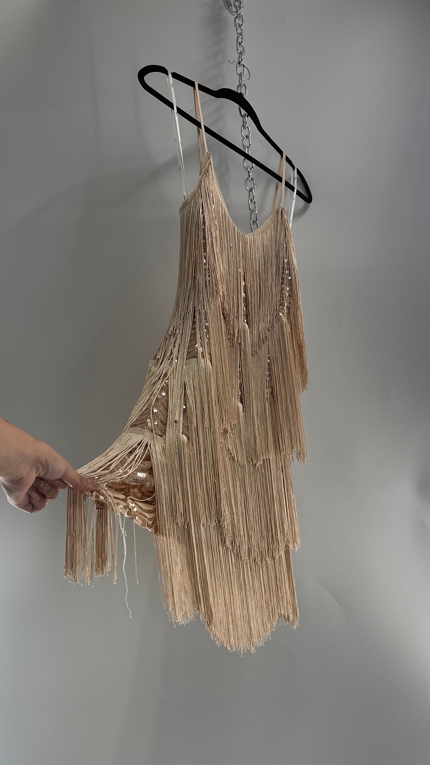 Lulu’s Get in the Groove Fringe Tassel Champagne Mini Dress with Sequin Lining with Tags Attached (Small)