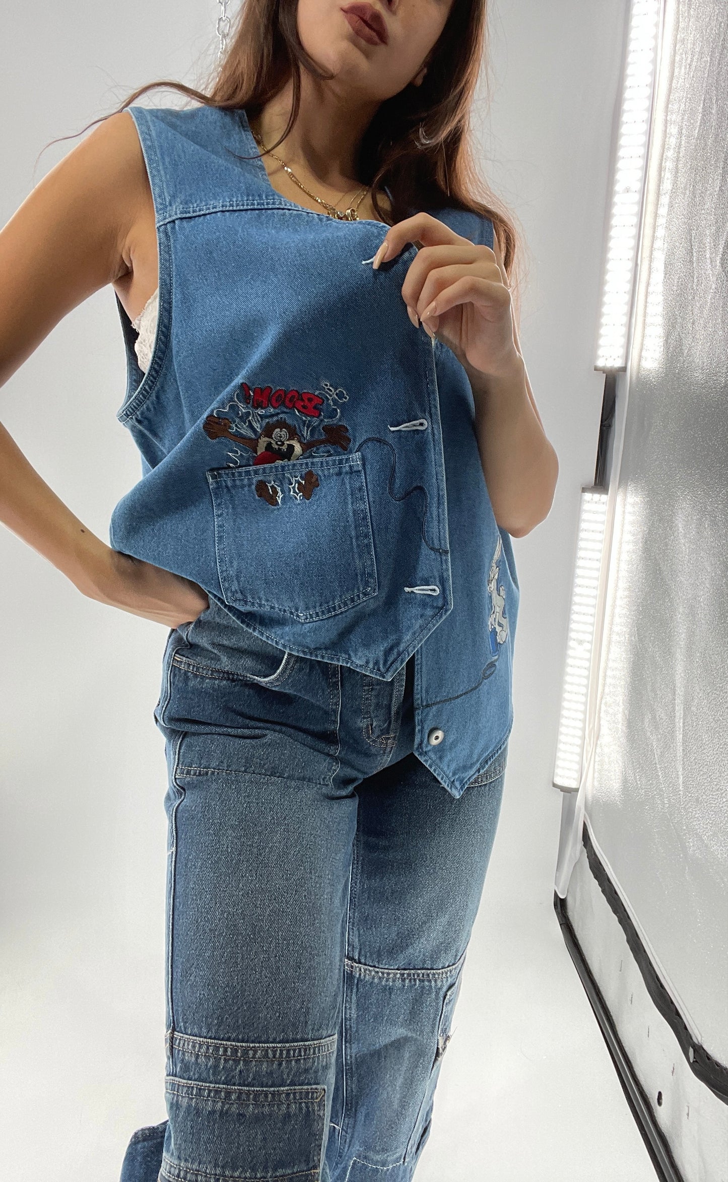 Vintage Looney Tunes Denim Vest with Embroidered Characters (Large)