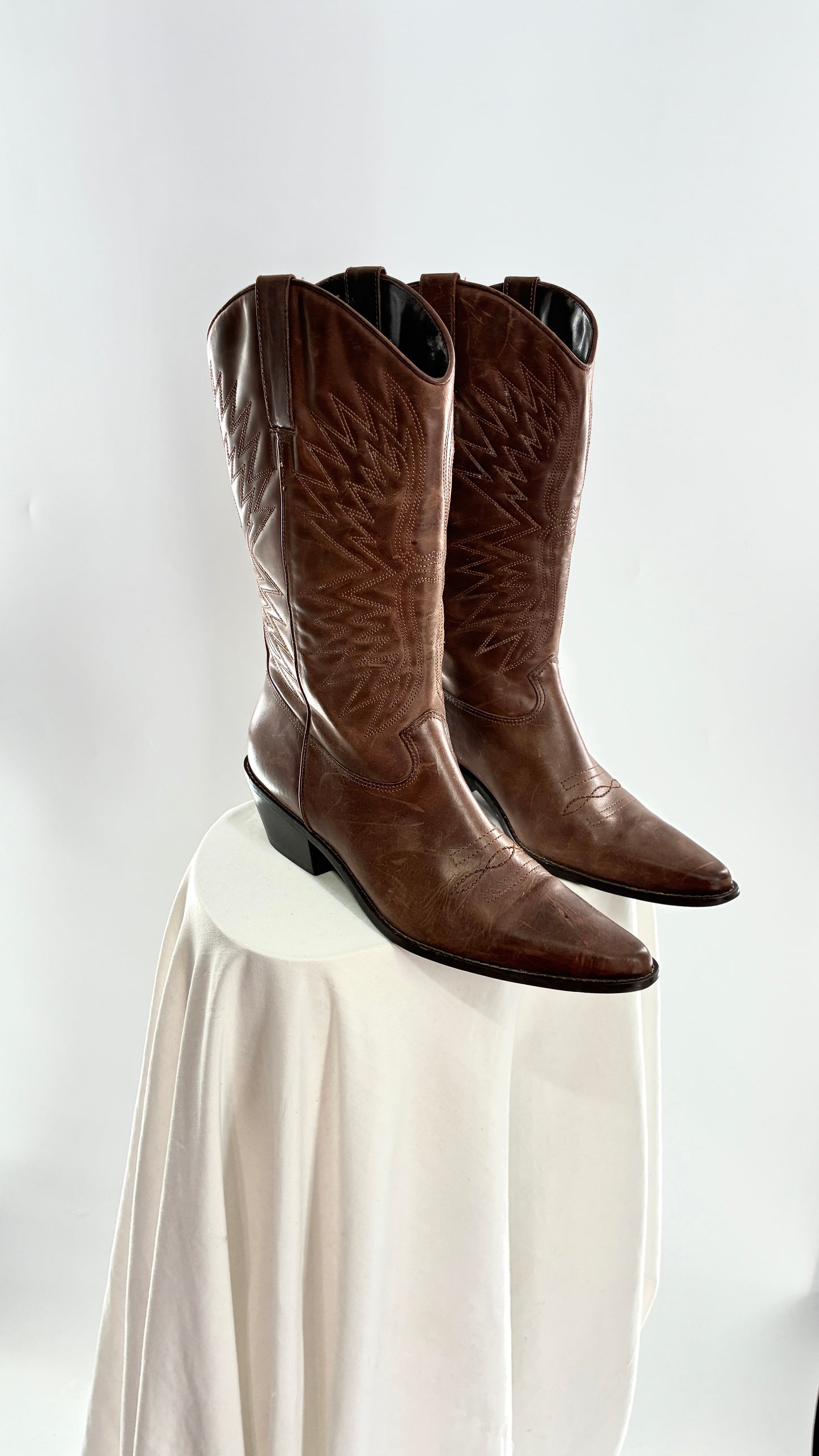 Vintage Genuine Leather Brown Cowboy Boots Made in Brazil (9.5)