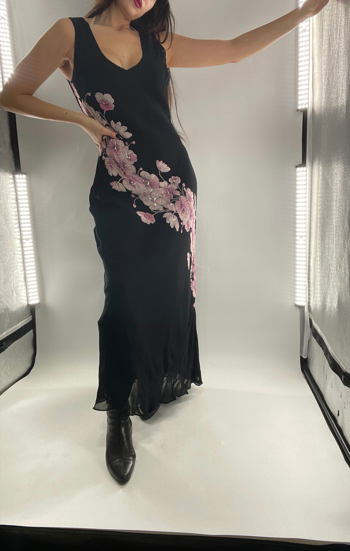 Vintage Dress Barn Black Slinky Maxi Dress with Pink Floral Graphic and Sequins (L)