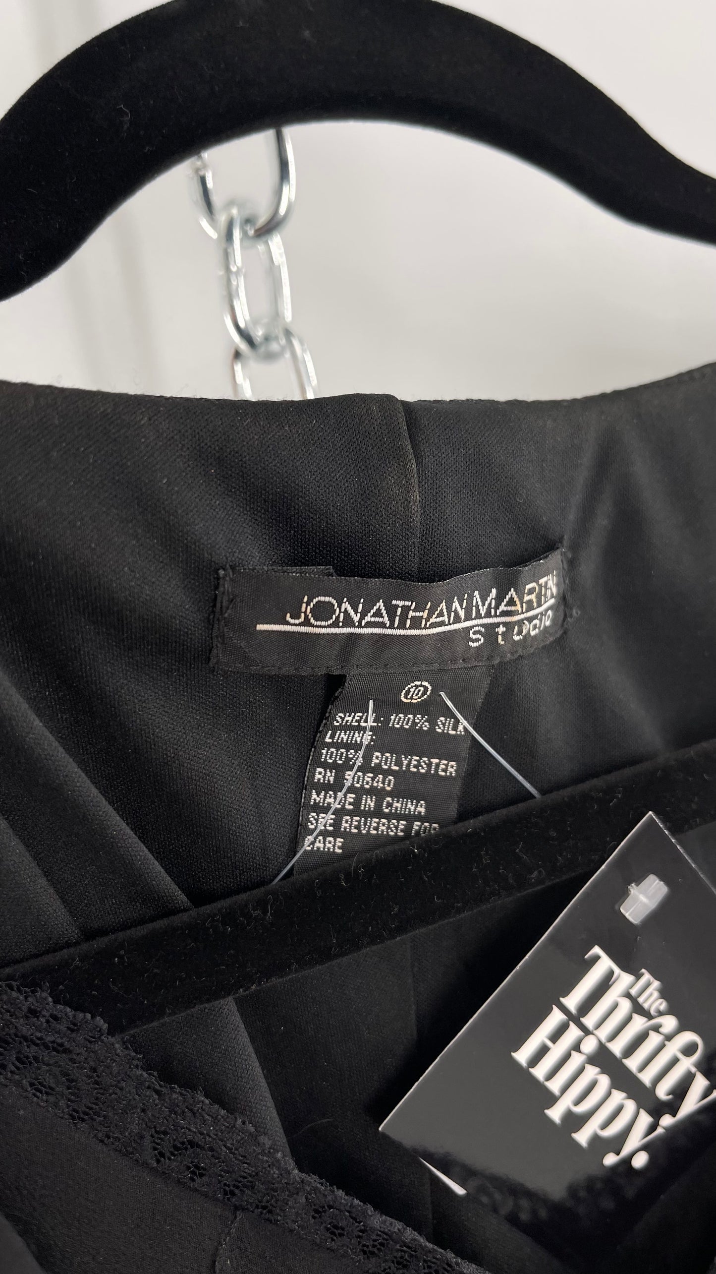 Vintage Jonathan Martin 100% Silk Black Embroidered MIDI Dress with Tie Shoulder Detail (10)