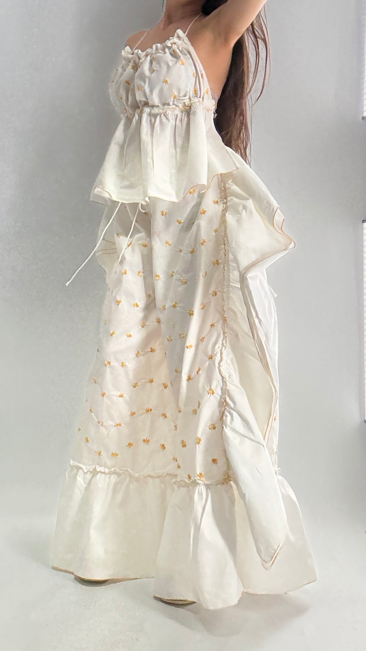 Vintage Handmade Angeline 2pc Set with Ruffled Pant, Embroidered Daisy Pattern, and Bustier Camisole with Adjustable Drawstring Bustline and Waistline (XS-L)