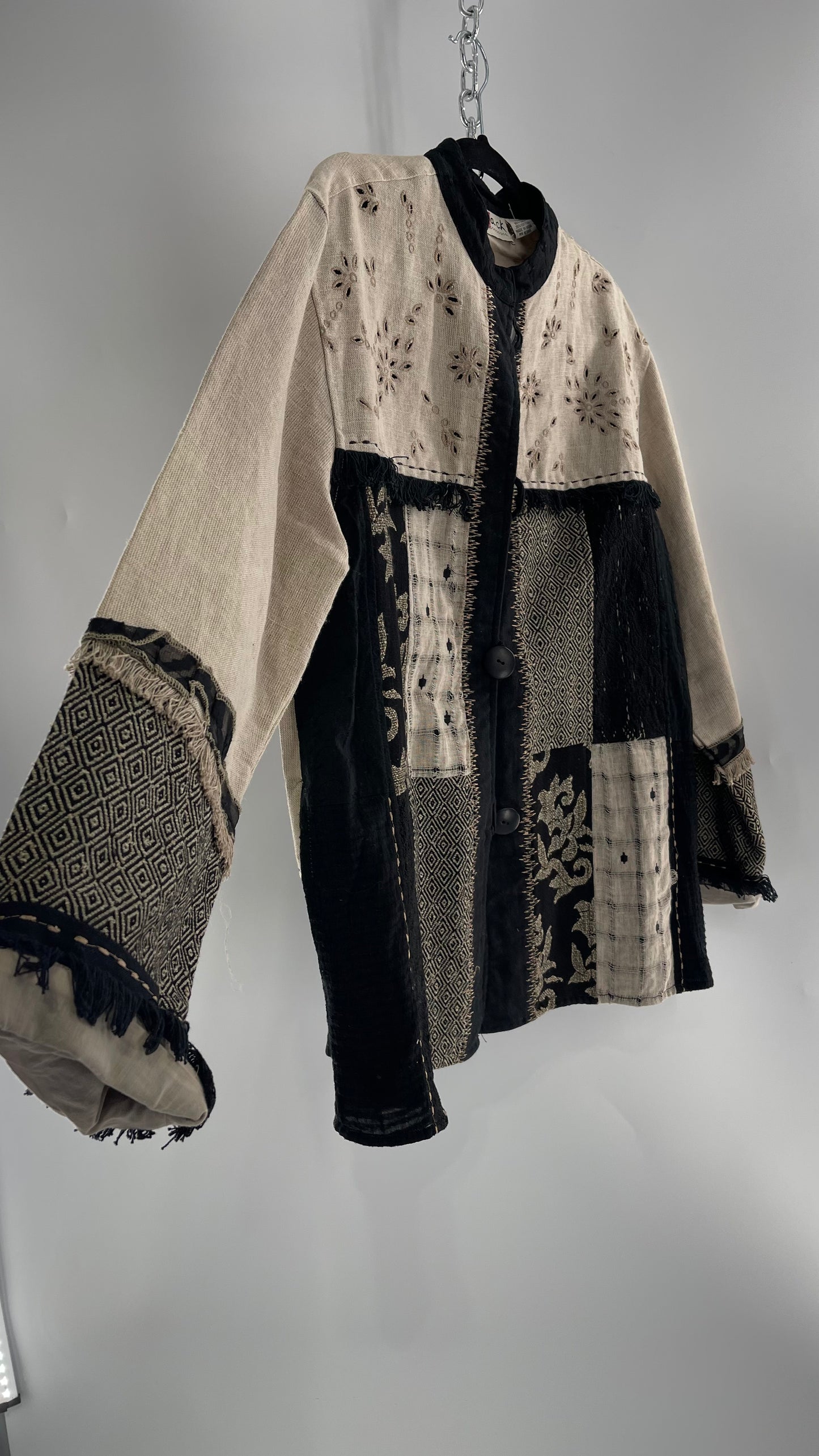 Deadstock Vintage Flashback Patchwork Coat with Mixed Neutral Fabrics, Embroidery and Fringe Details (Large)