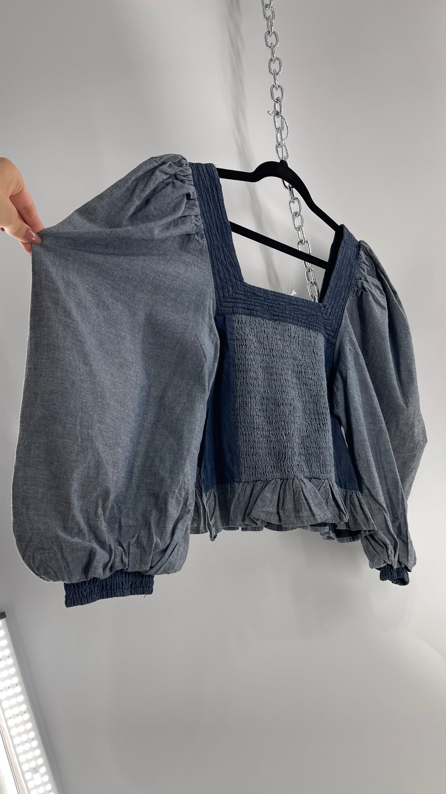 Love the Label ANTHROPOLOGIE Chambray, Chevron, Denim Smocked Blouse with Dramatic Sleeves and Tags Attached (Small)