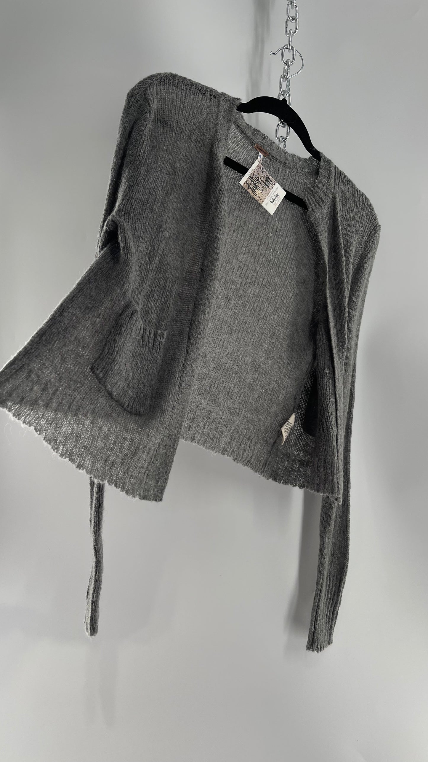Free People Gray Pocketed Cropped Cardigan (XS) 29% Mohair 21% Wool