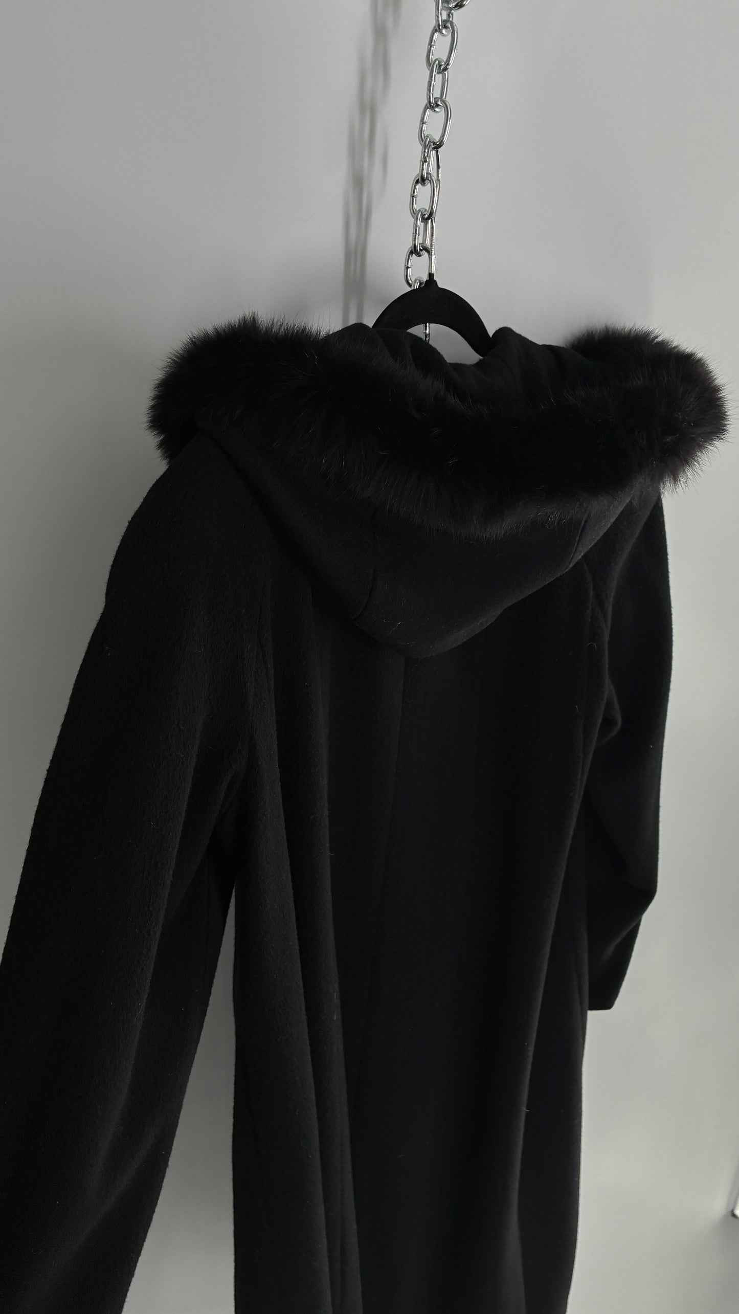 Vintage ANDREA COLLECTION Black Wool Blend Full Length Coat with Fur Trim Hood (12)