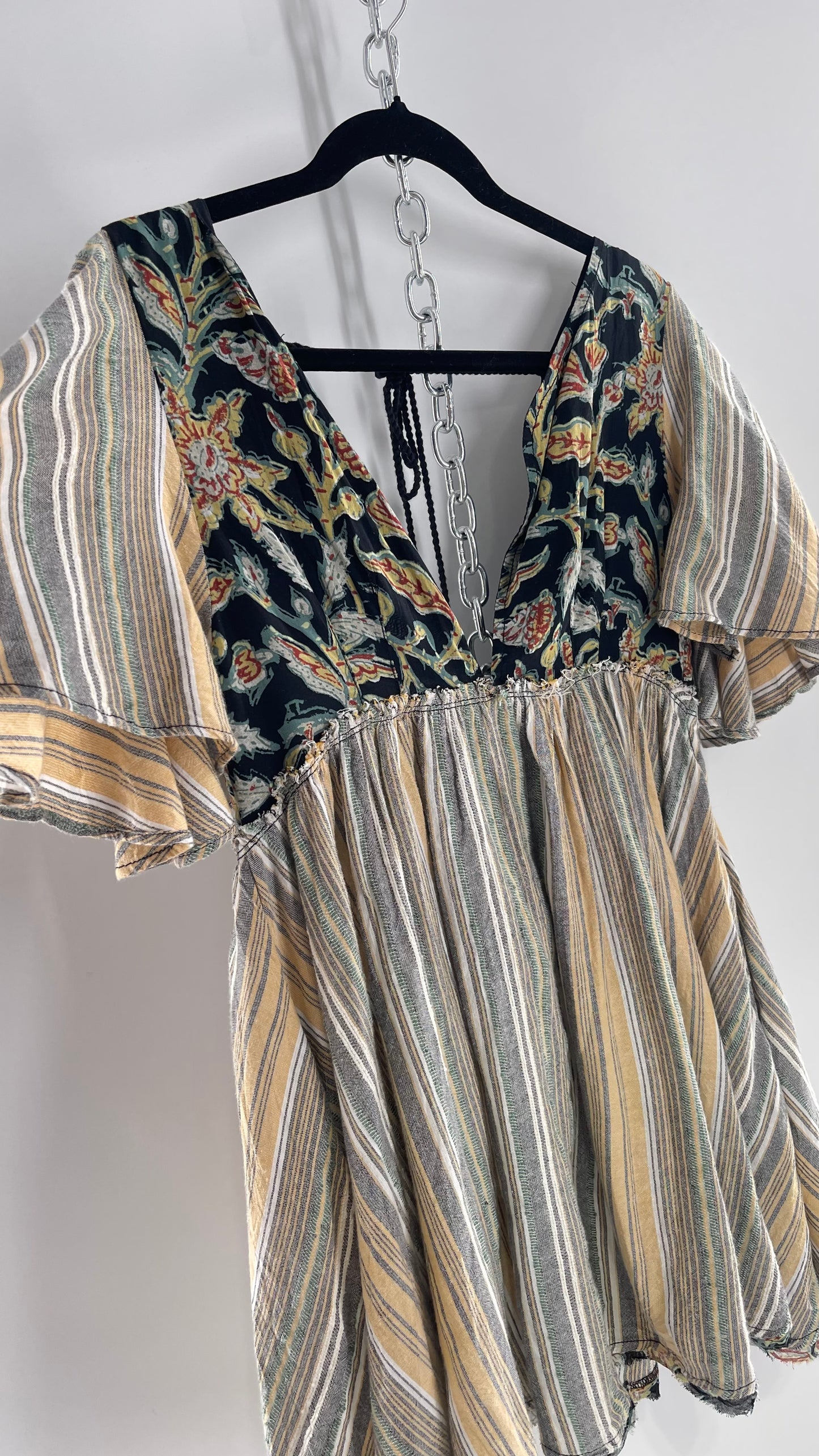 Free People Dual Fabric Floral/Woven Boho Babydoll Mini Dress (XS)