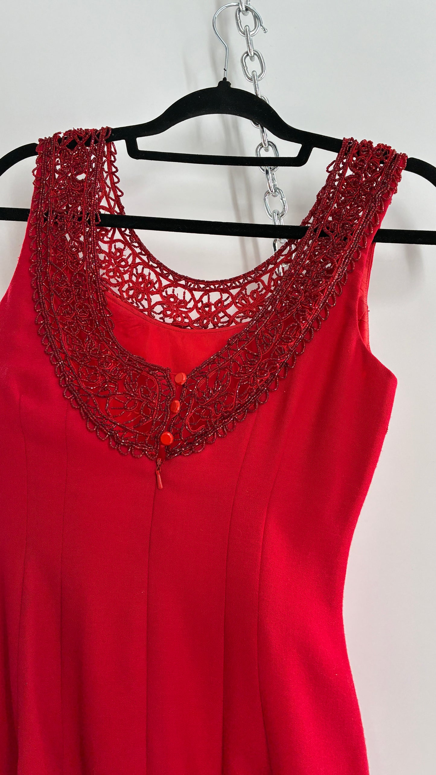 Vintage CARMEN MARC VALVO Red 100% Fitted, Tailored Wool Dress with Beaded Hem and Neckline (6)