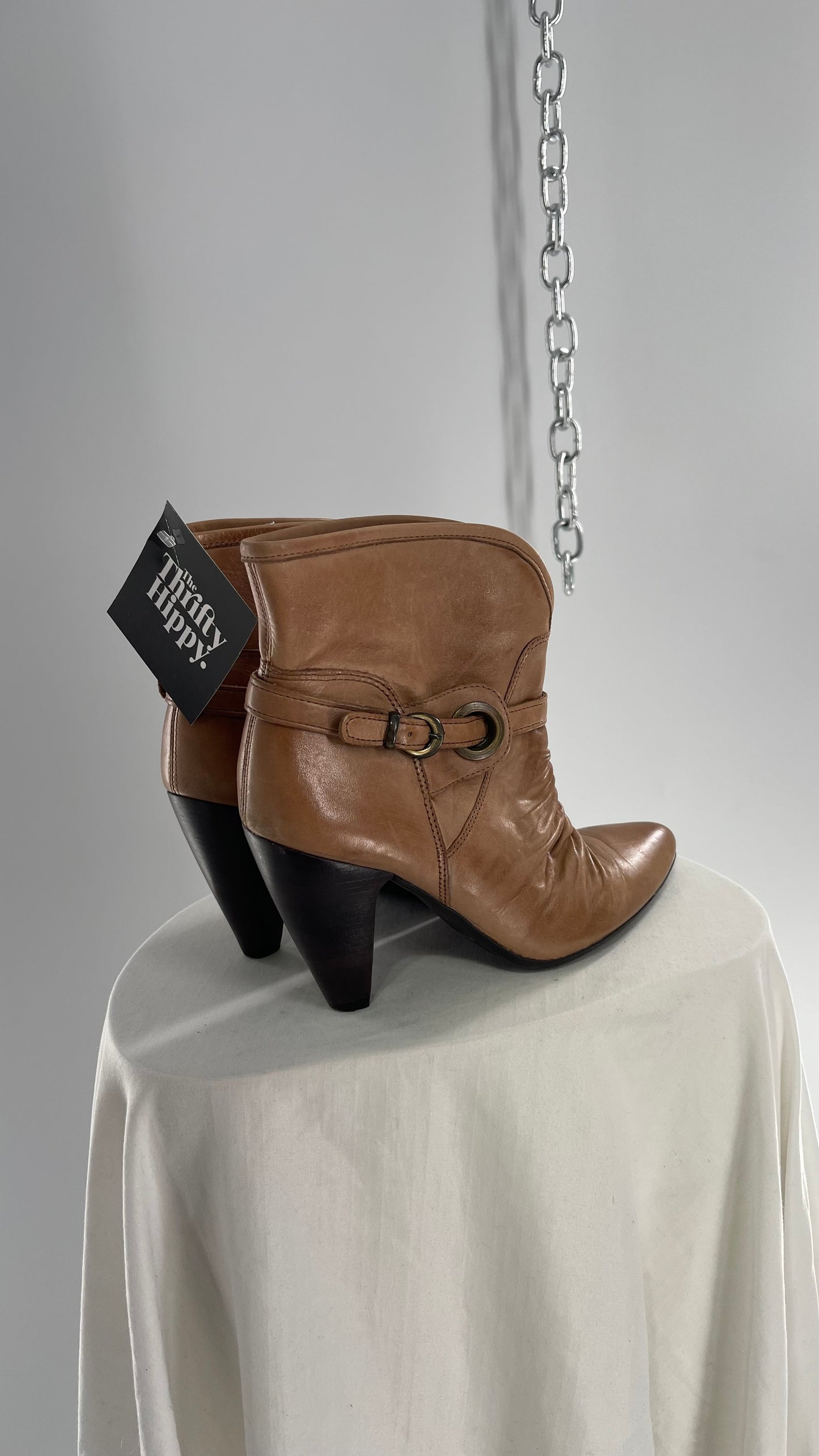 Vintage Pointed Toe Booties with Ruching and Belt Detail Made in Brazil