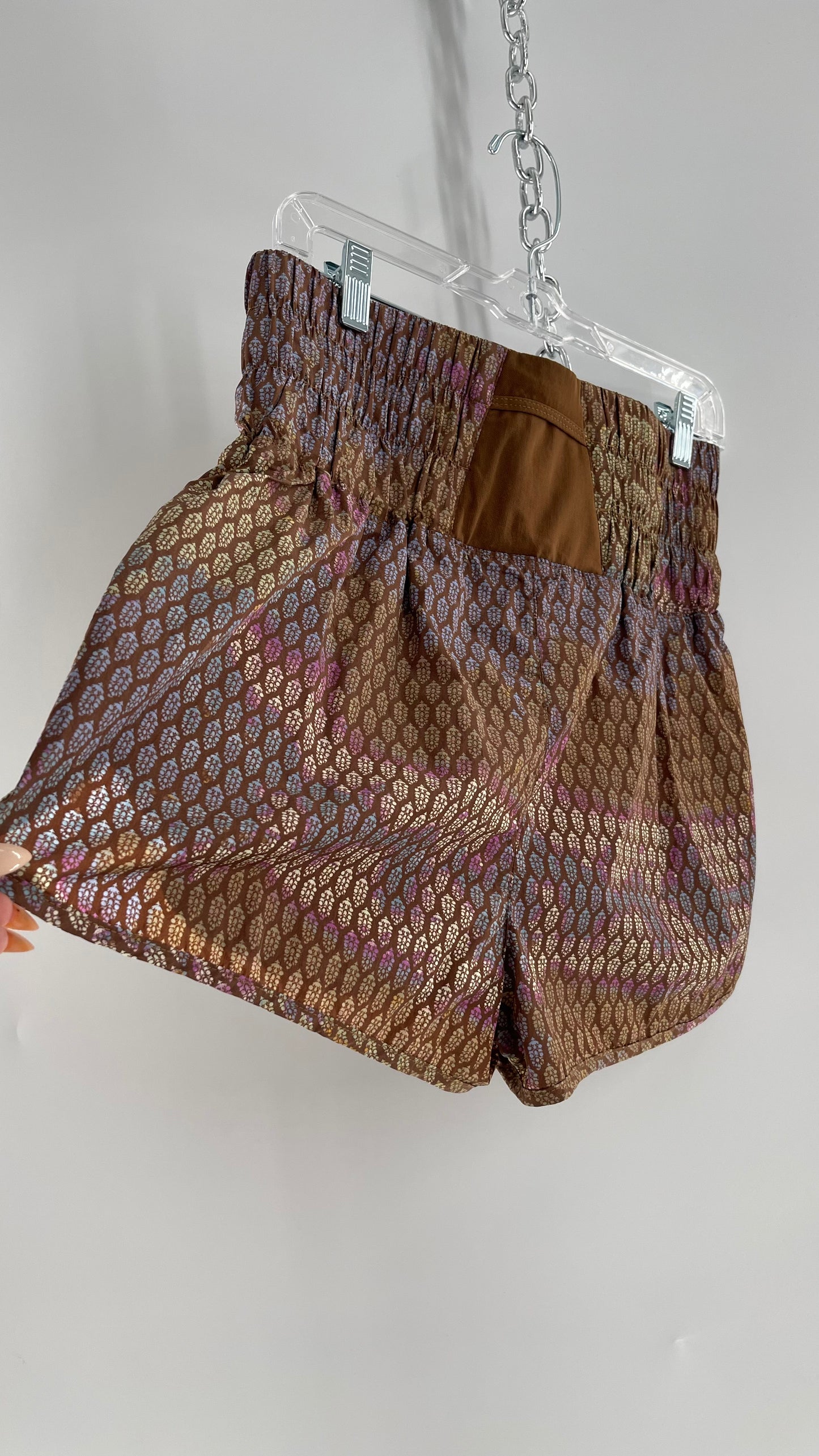 Free People Brown Patterned Parachute Shorts with Wide Waist Band (Large)