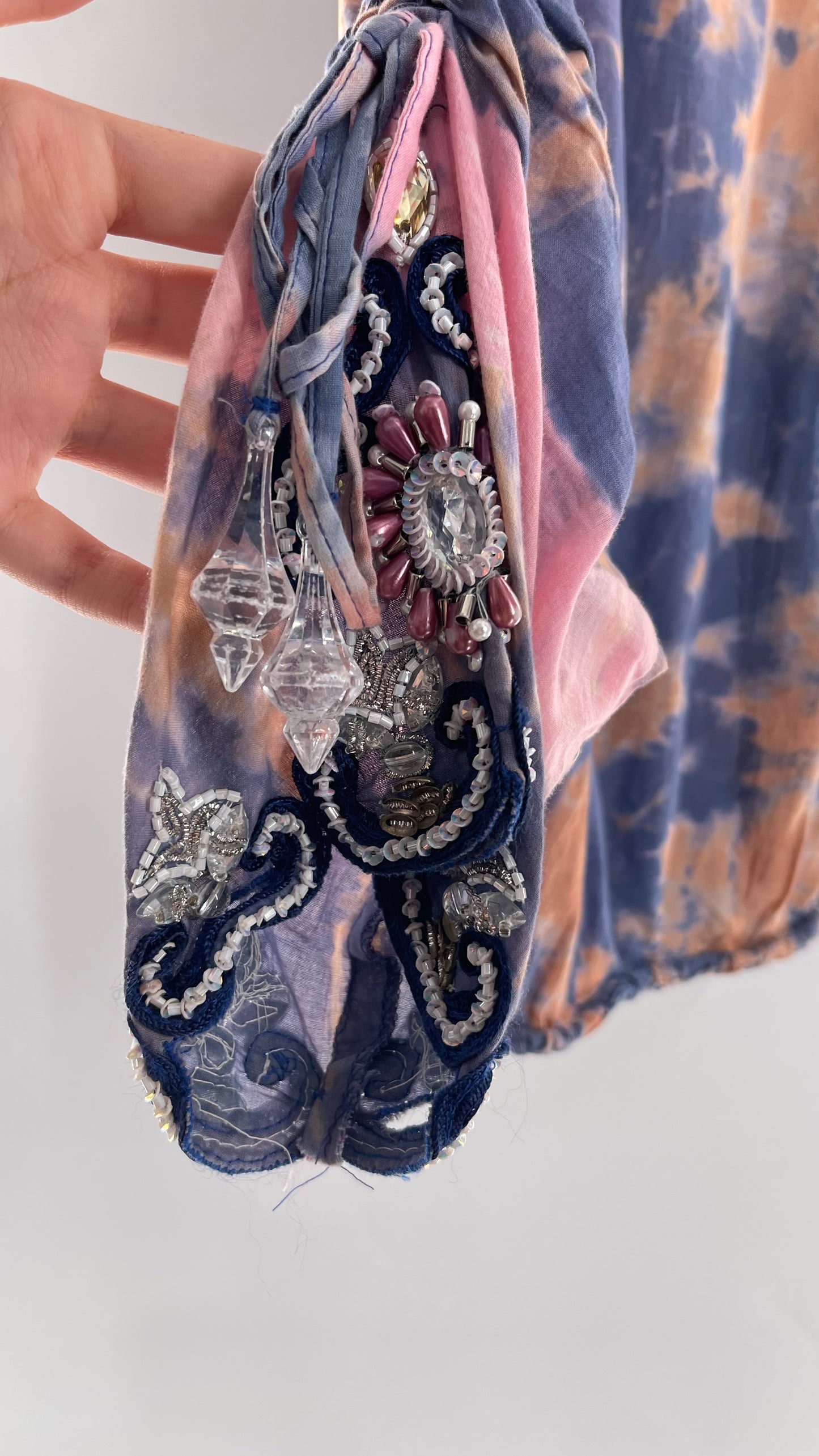 TAJ by Sabrina Crippa Tie Dye Blouse with Gemstone Encrusted Neckline and Ruched Beaded Sleeves (S/M)