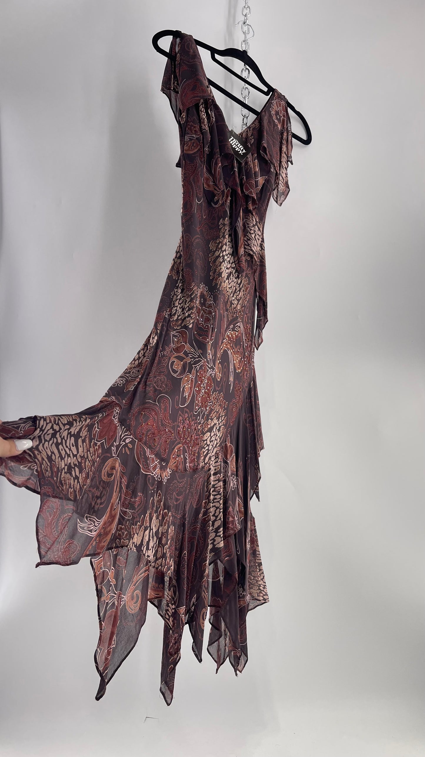 Vintage 90s EVA BLUE Brown MIDI dress with beading and Handkerchief Fairy Hem (10)
