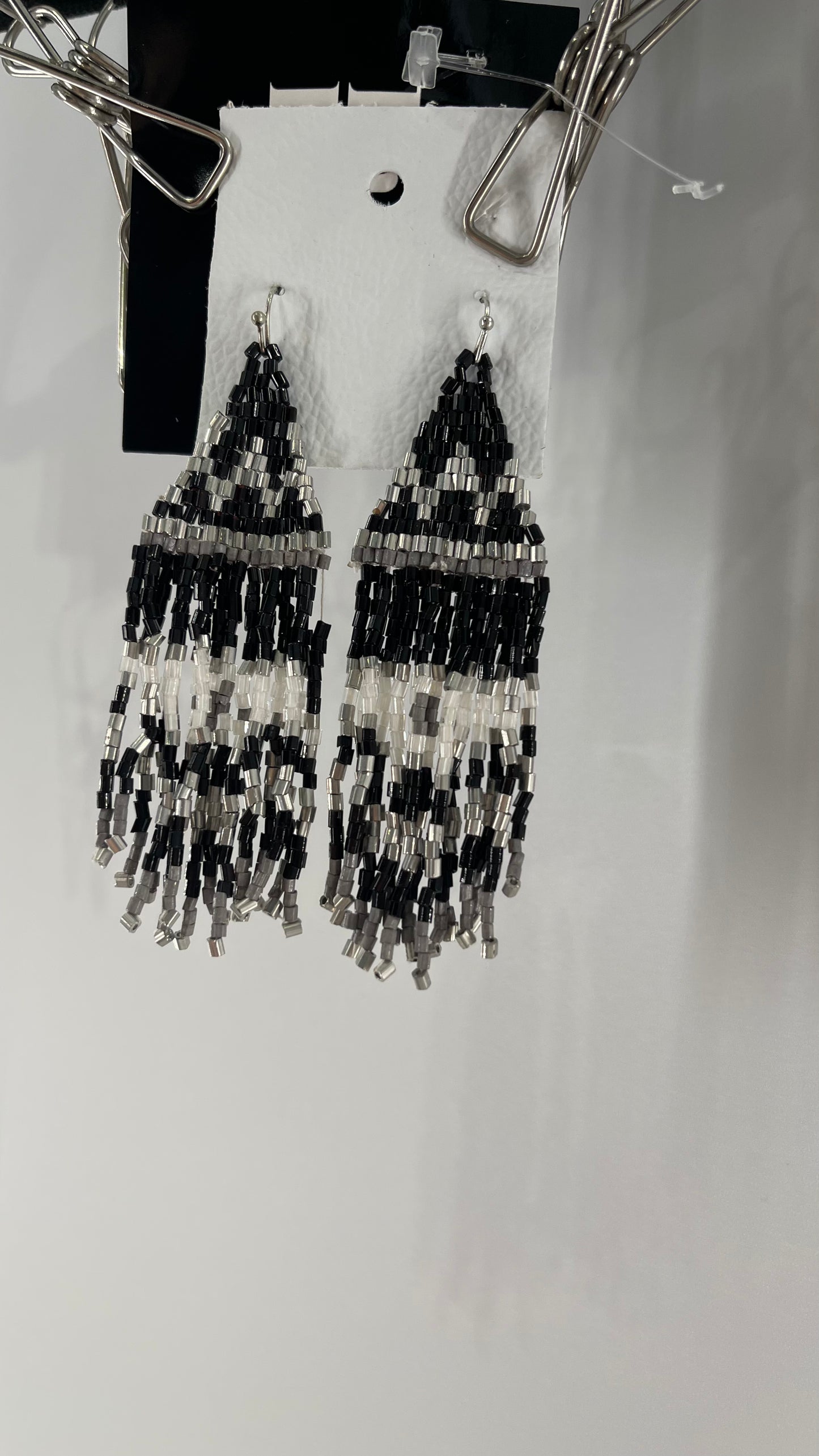Free People Beaded Bohemian Black White Silver Earring with Tags Attached