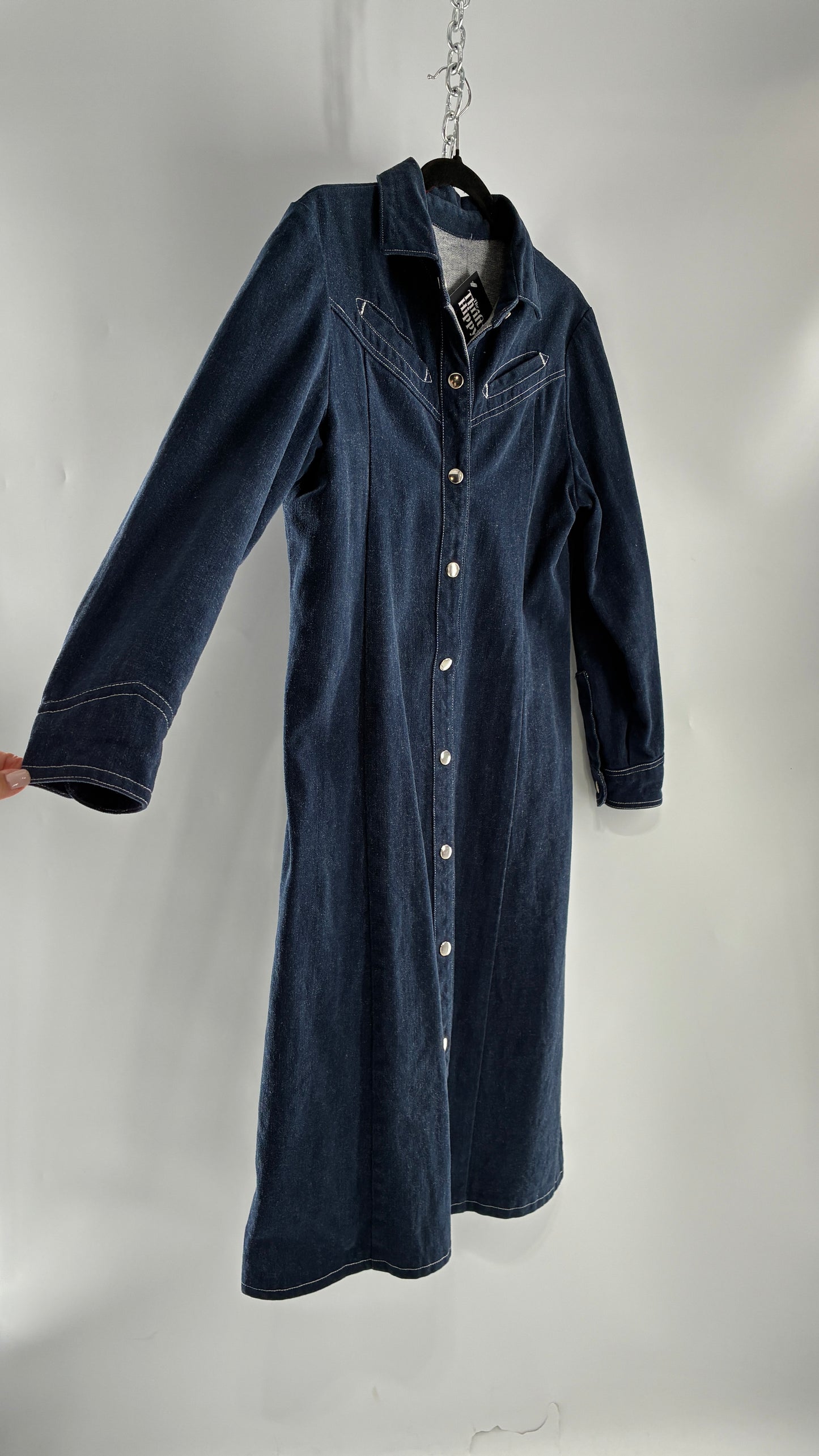 Vintage Dark Wash Denim Long Sleeve Collared Midi Dress with Contrast White Stitching (M/L)