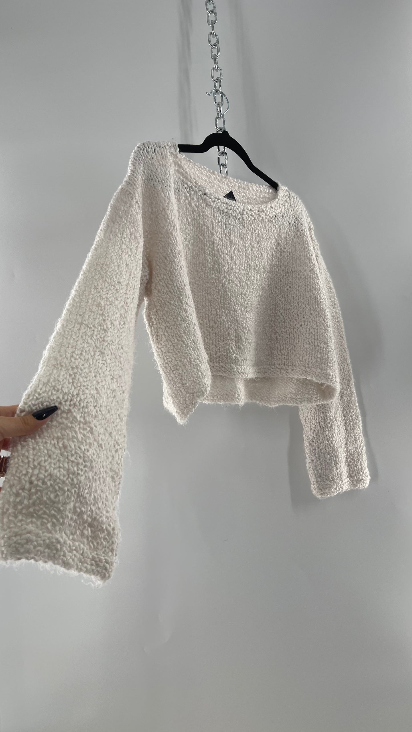 White Slouchy Comfy + Cozy Knit Cropped Sweater (M)