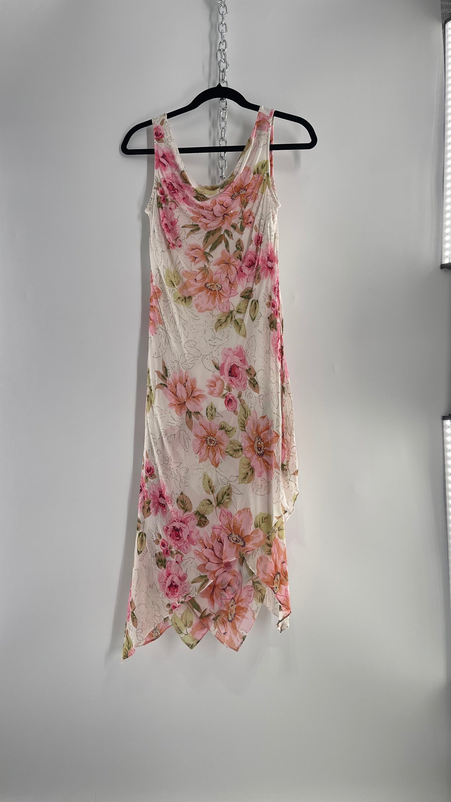 Vintage Eva Blue Pink Floral Draped Neck Sleeveless MIDI with Beading (10)