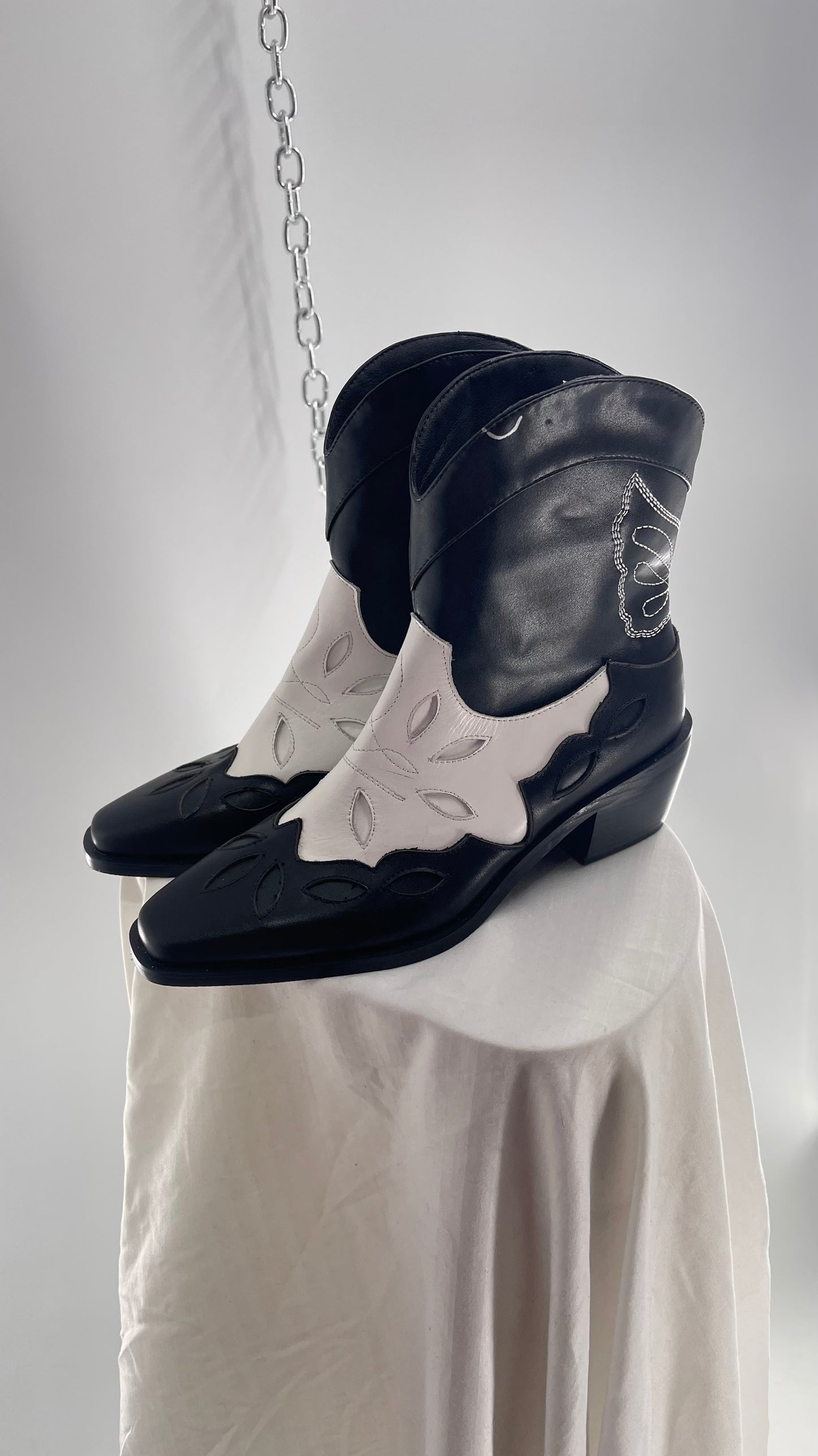 Black and White Cowboy Boots with Embroidered Butterfly Wings on Back (40)