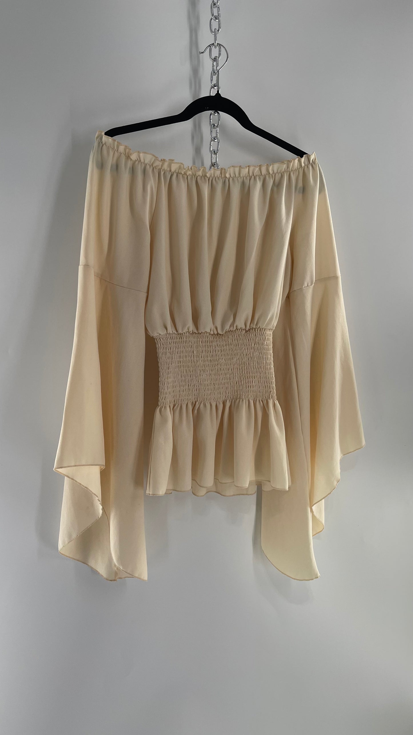 Vintage Off White Smocked Waist Bell Sleeve Wanderlust Blouse(S/M)