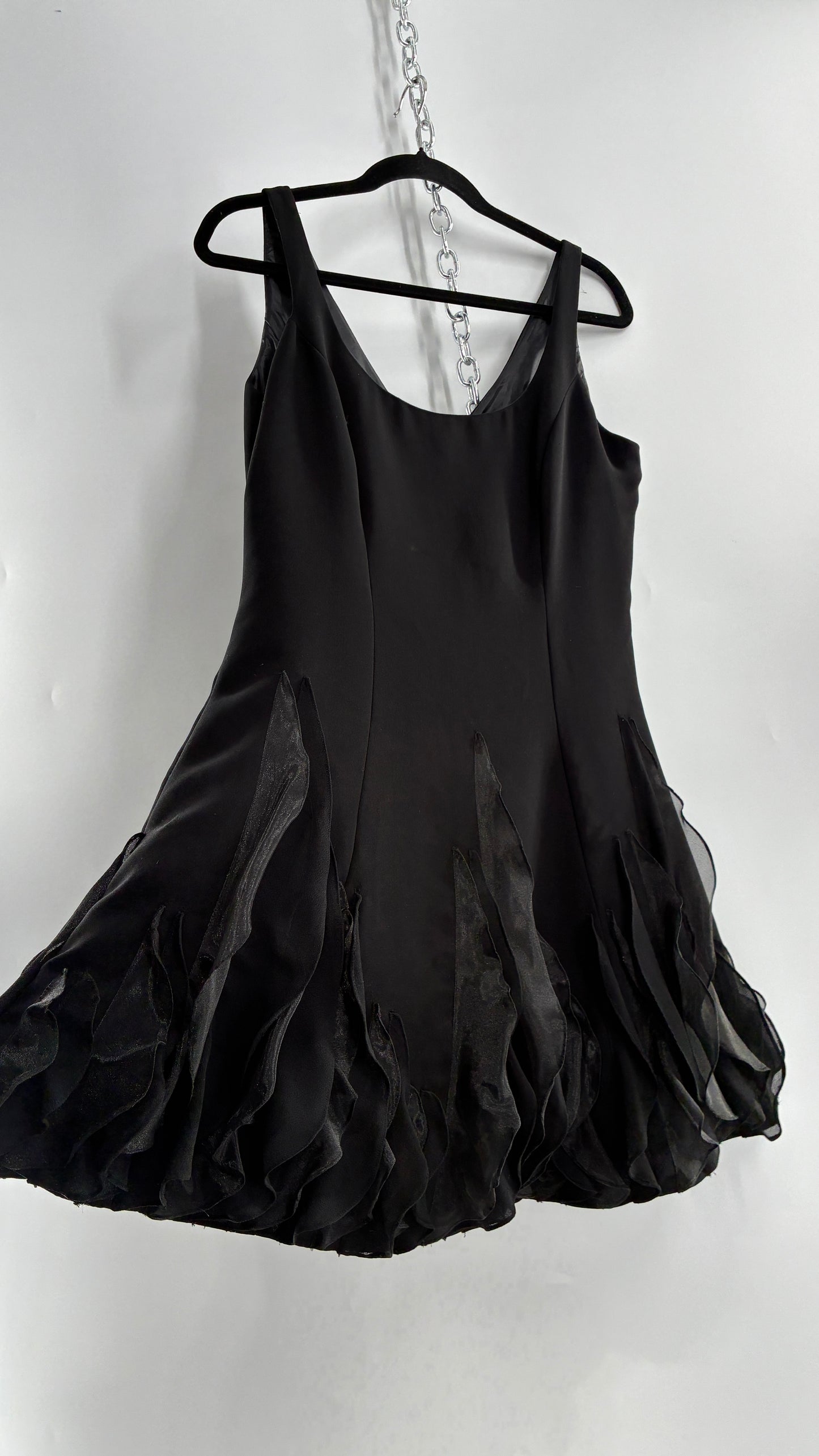 Vintage JS BOUTIQUE Black Structured Petite Mini Dress with Ruffled Hem (10P)