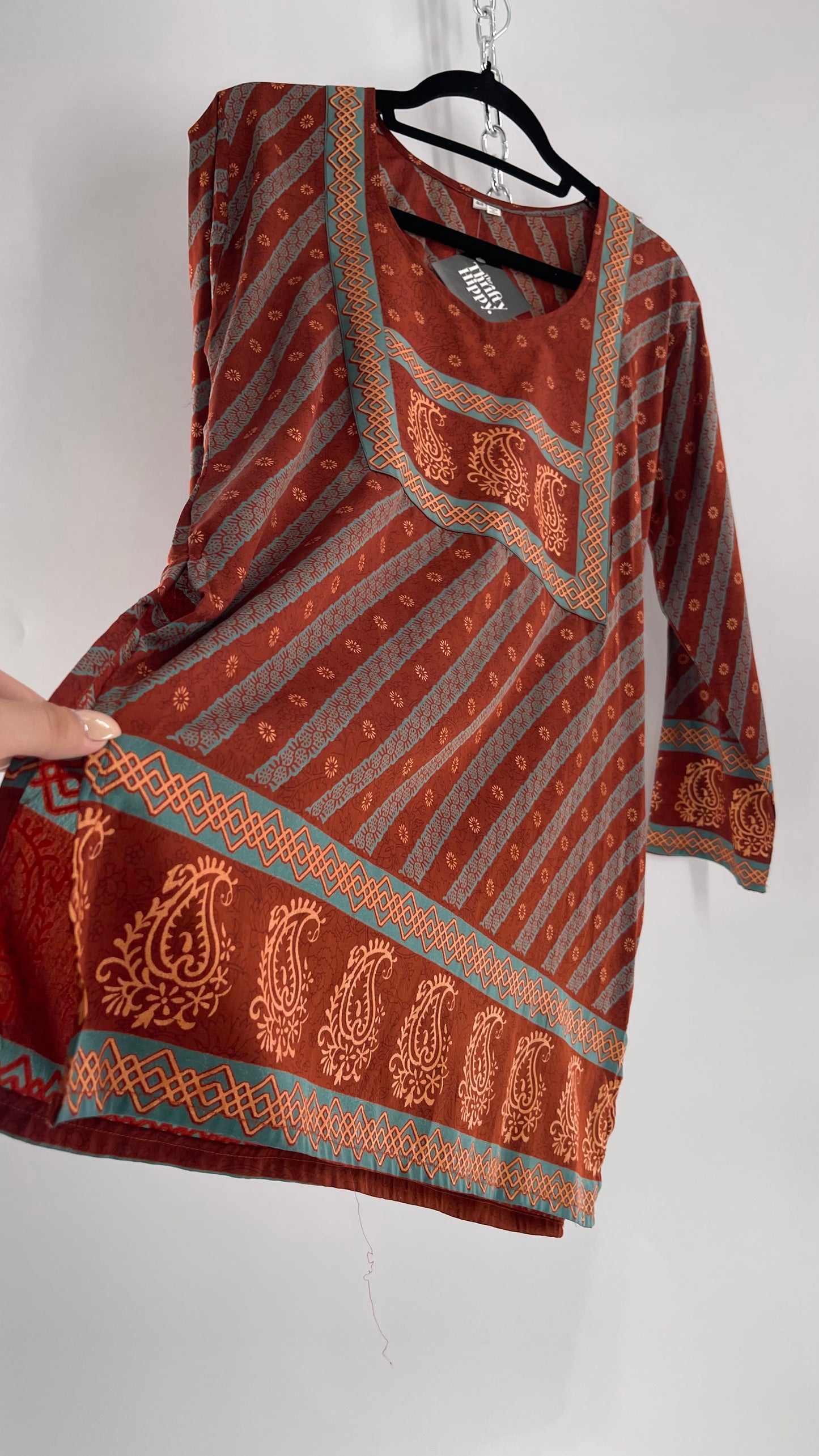 Vintage 1970s Indian 100% Silk Tunic Burnt Orange, Teal and Gold (40)