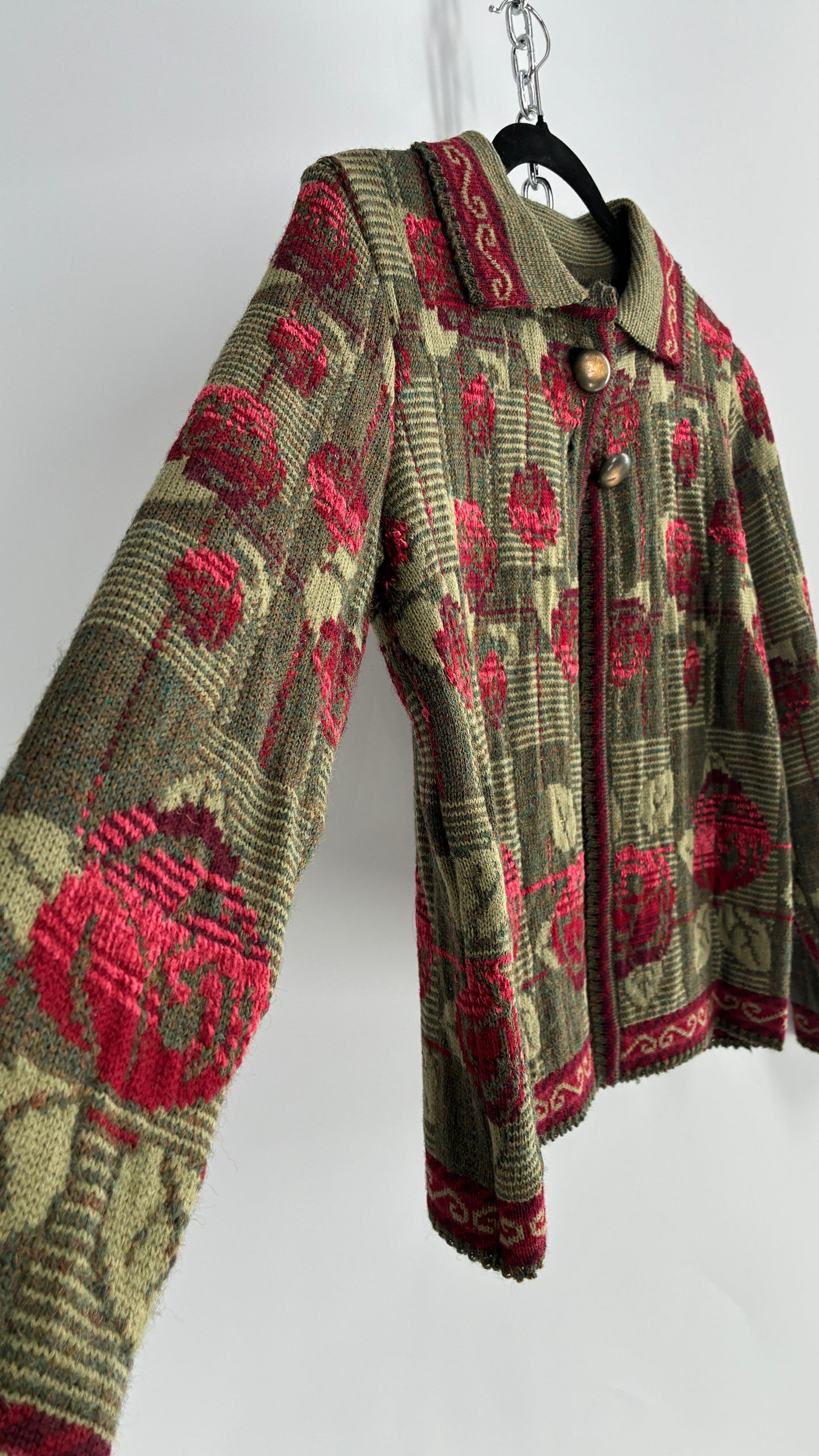 Vintage Cherry Lewis Made in England 81% Wool Thick Knit Sweater Jacket with Rosettes (Small)