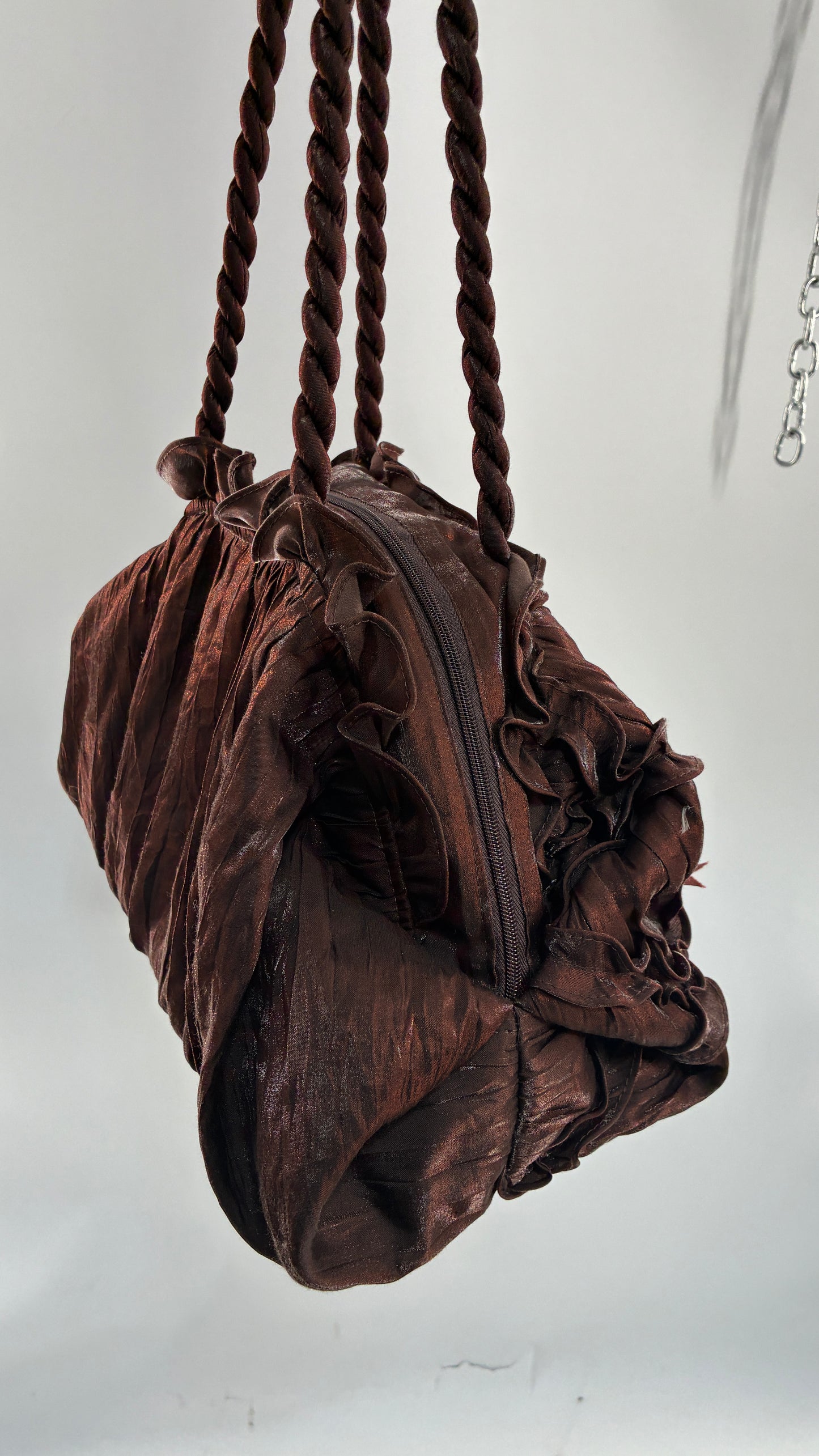 Vintage Oversized Brown Slouchy Purse with Embroidered Rosettes and Braided Strap