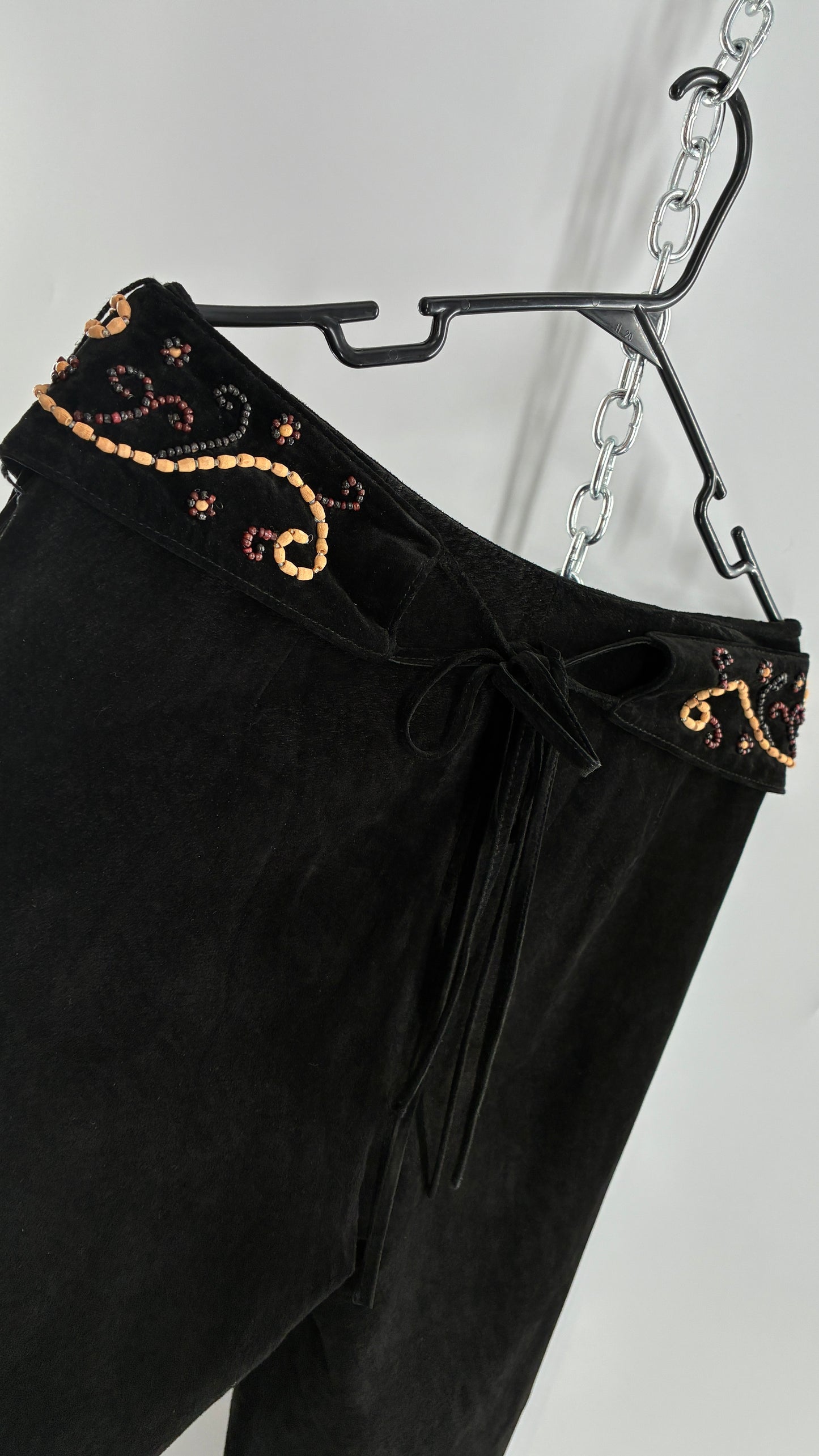 Vintage Margaret Godfrey Black Genuine Suede Leather Kick Flares with Wide Beaded Belt (10)