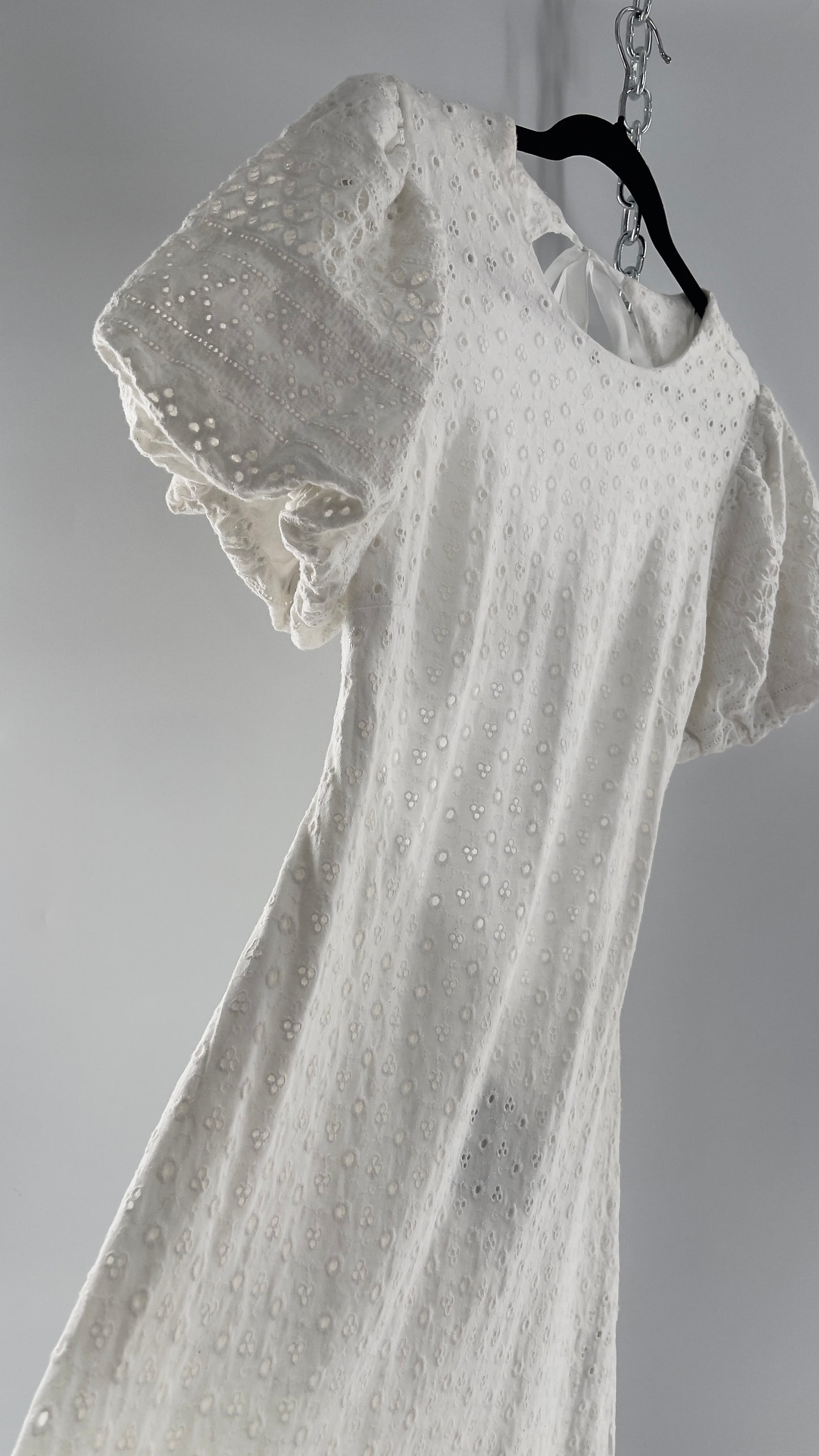Free People White Eyelet Mini Dress with Puff Sleeve and Open Back (XS)