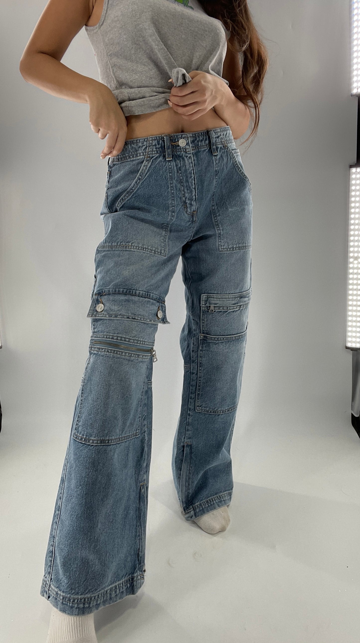 Free People Wide Leg Cargo Jeans Covered in Pockets, Zippers and stitching (27)