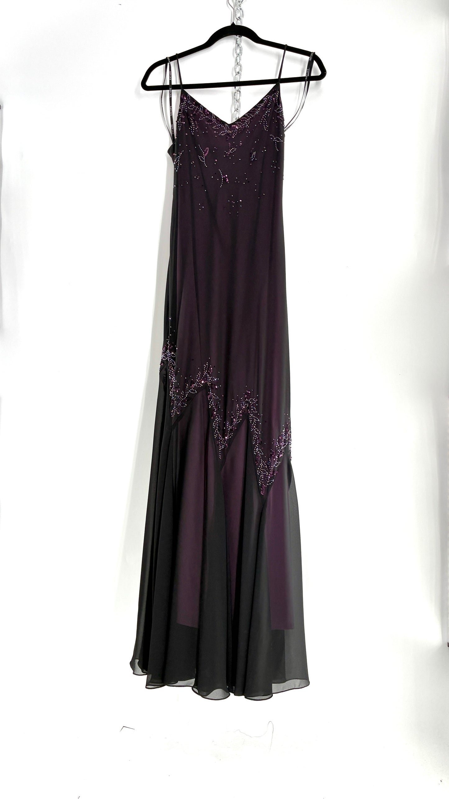 Vintage XSCAPE Full Length Black Beaded Gown with Purple Underlay (4)