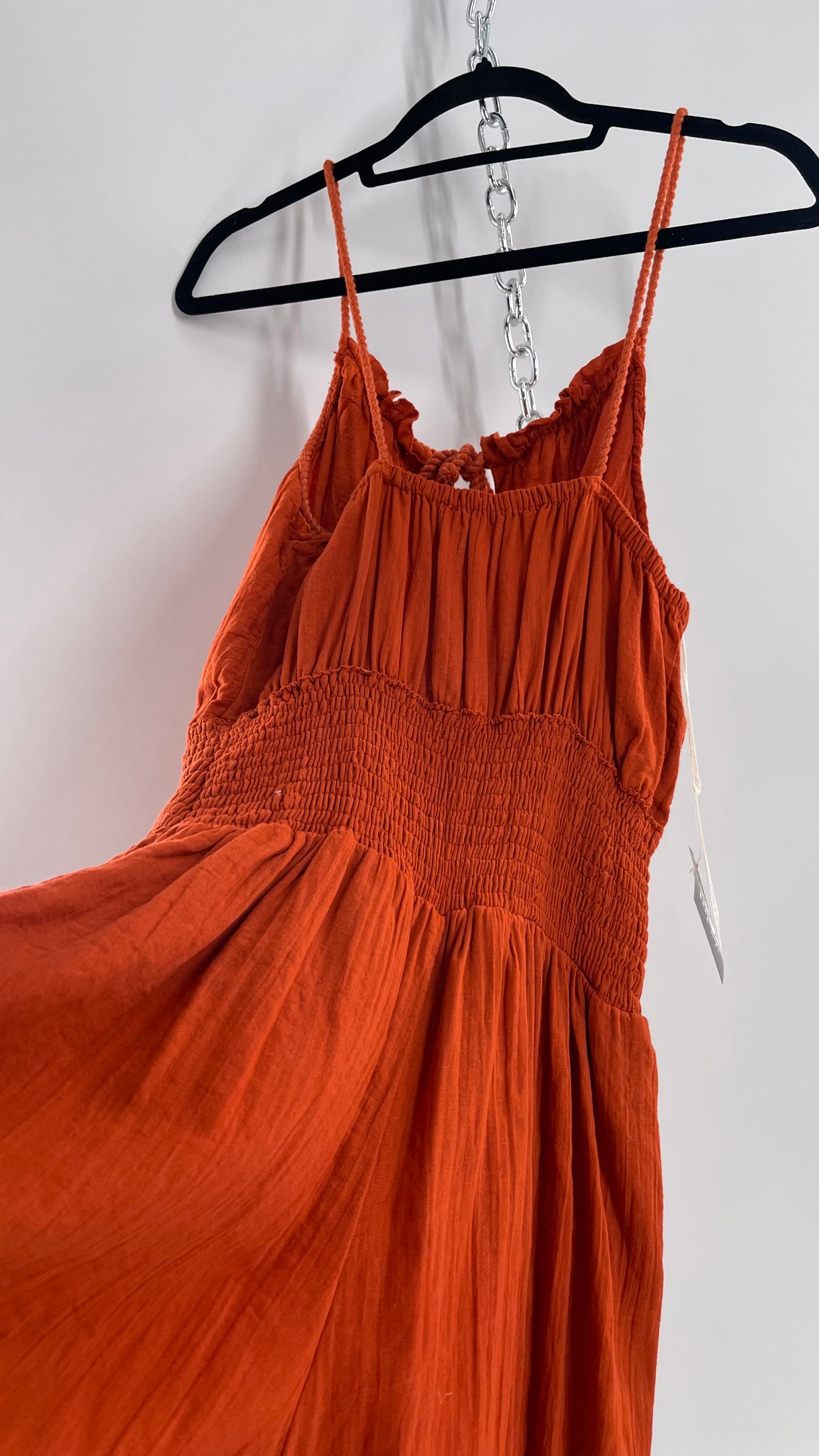 Free People Burnt Orange Smocked Pointed Waistline, Open Bust Jen’s Pirate Booty Romper Tags Attached 100% Cotton(XL)