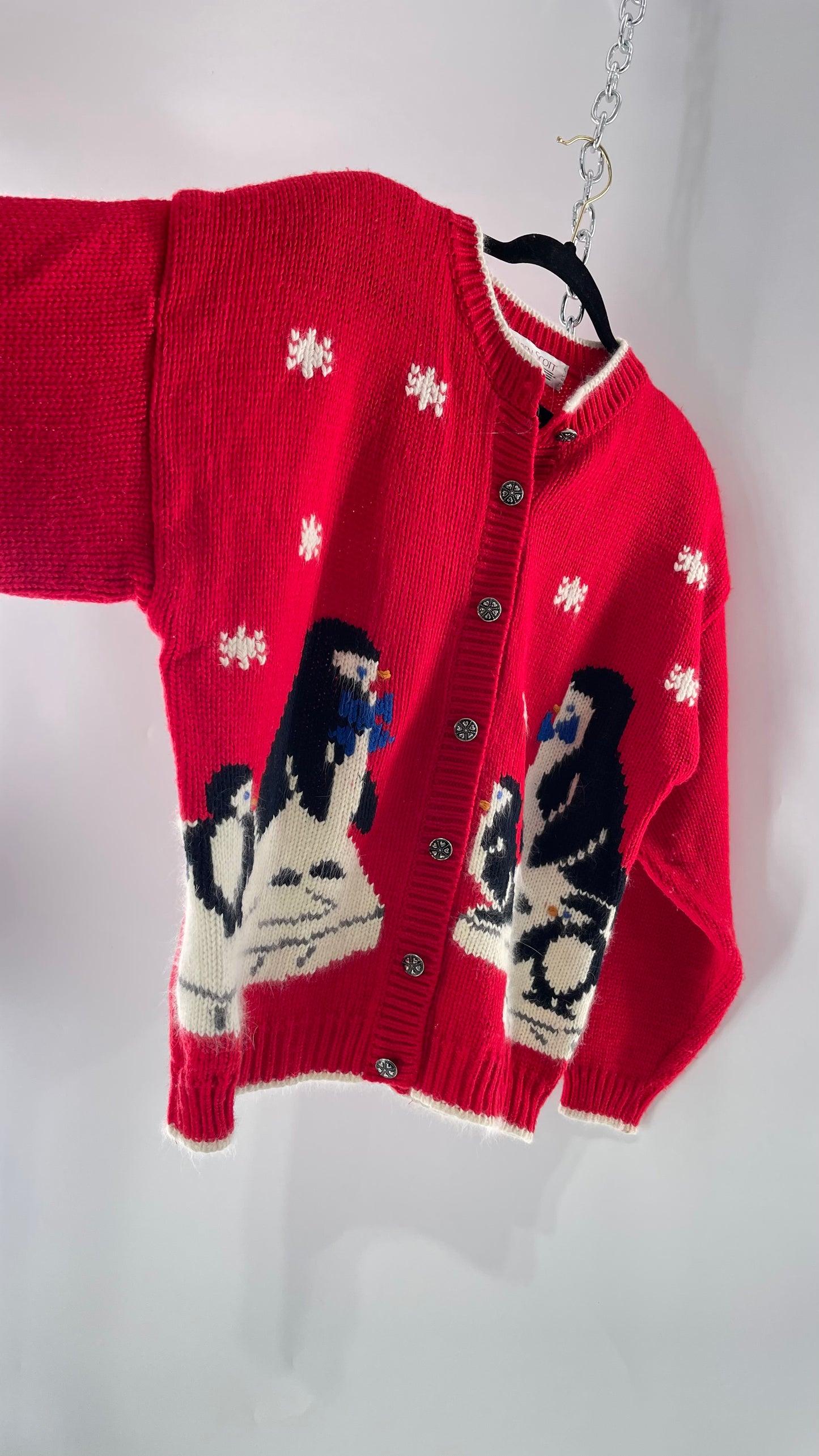 Vintage Karen Scott Silver Button Front, Red Cardigan with Shoulder Padding and the Sweetest Festive Penguins in Bow Ties (Large)