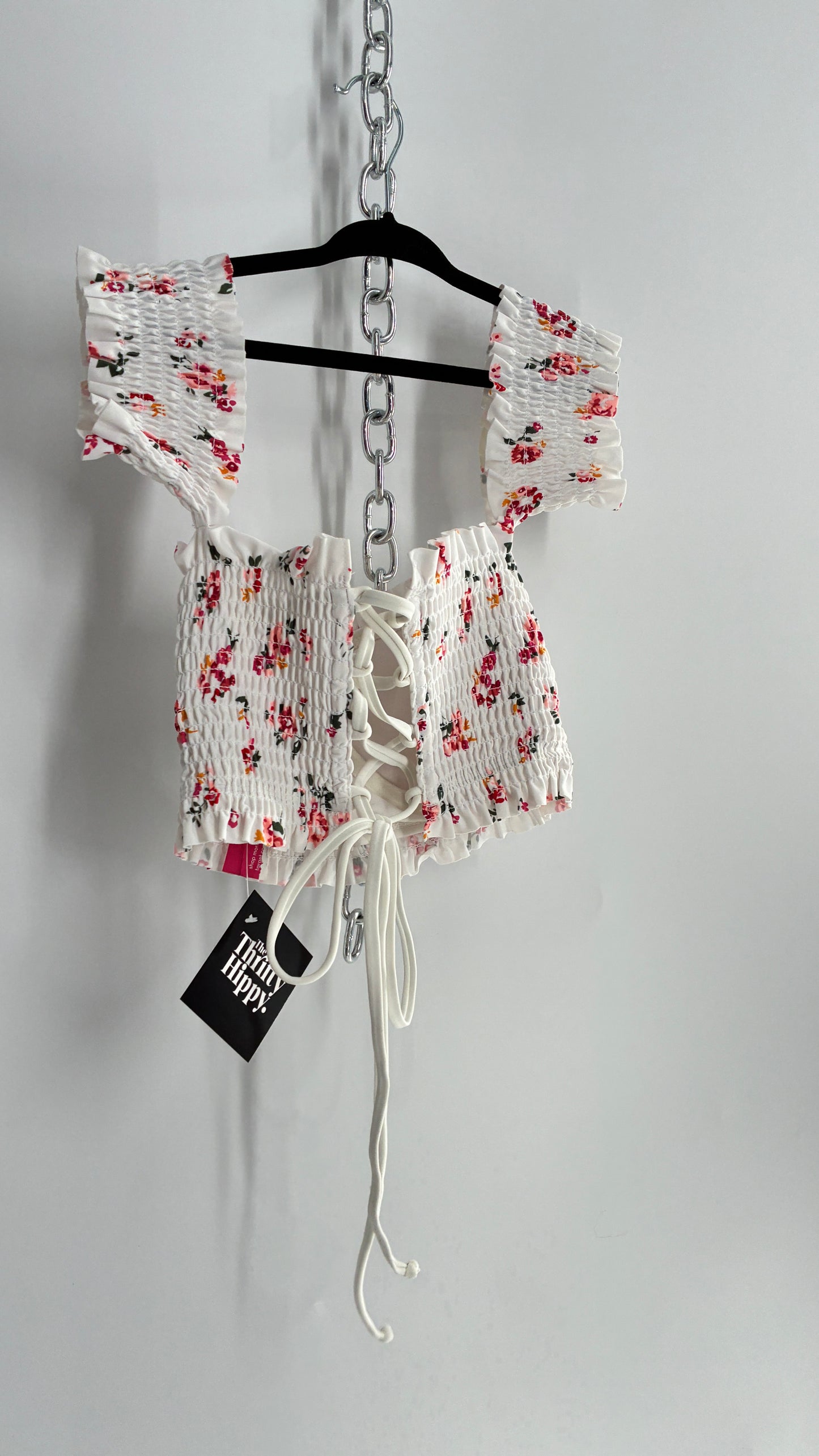 White Floral Smocked Off the Shoulder Underwire Swim Top with Tags Attached (Medium)