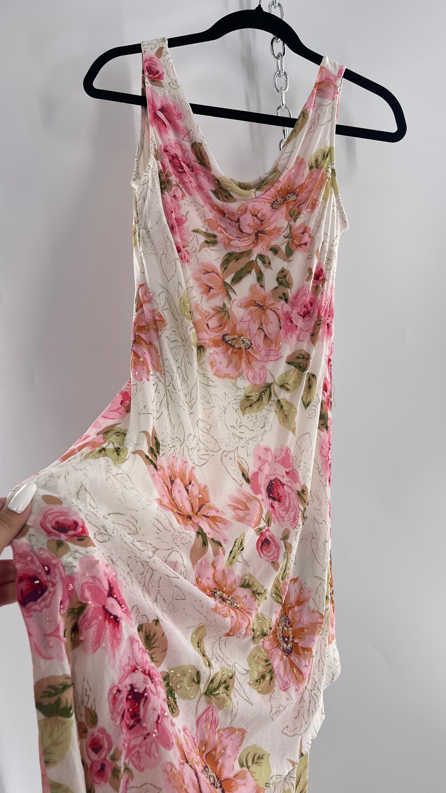 Vintage Eva Blue Pink Floral Draped Neck Sleeveless MIDI with Beading (10)