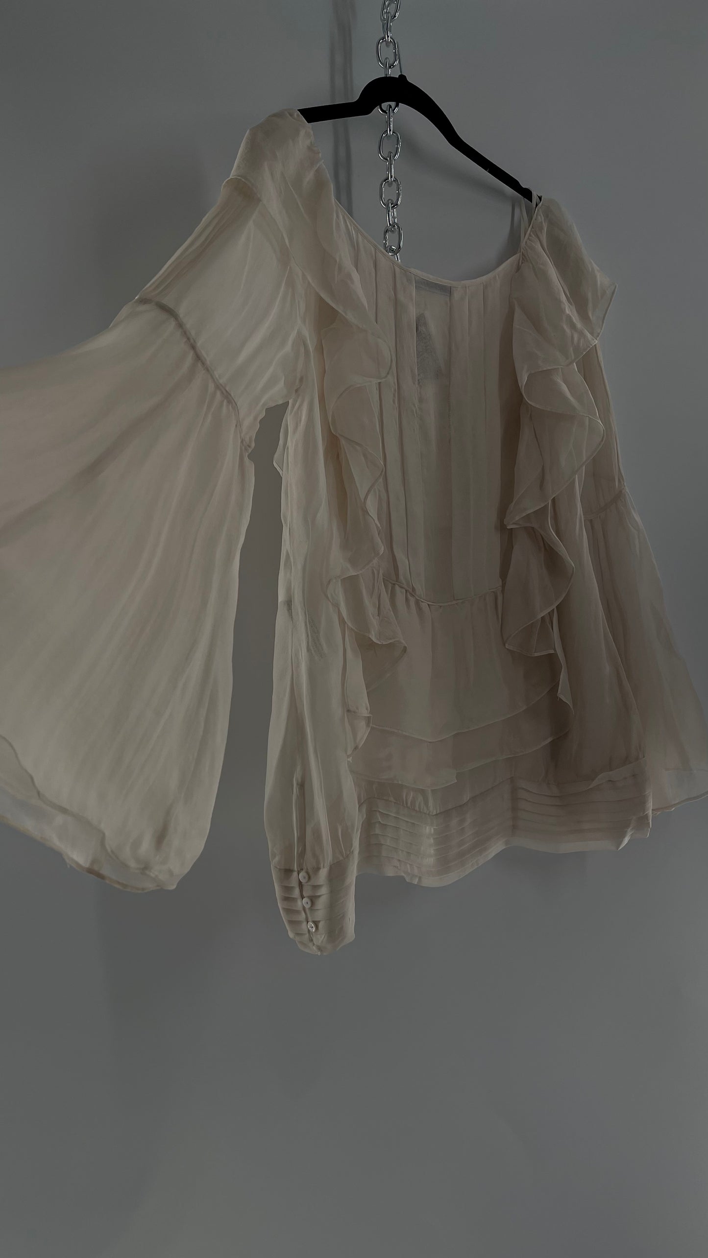 ZARA Ruffled and Embroidered Bell Sleeve Blouse (Large)