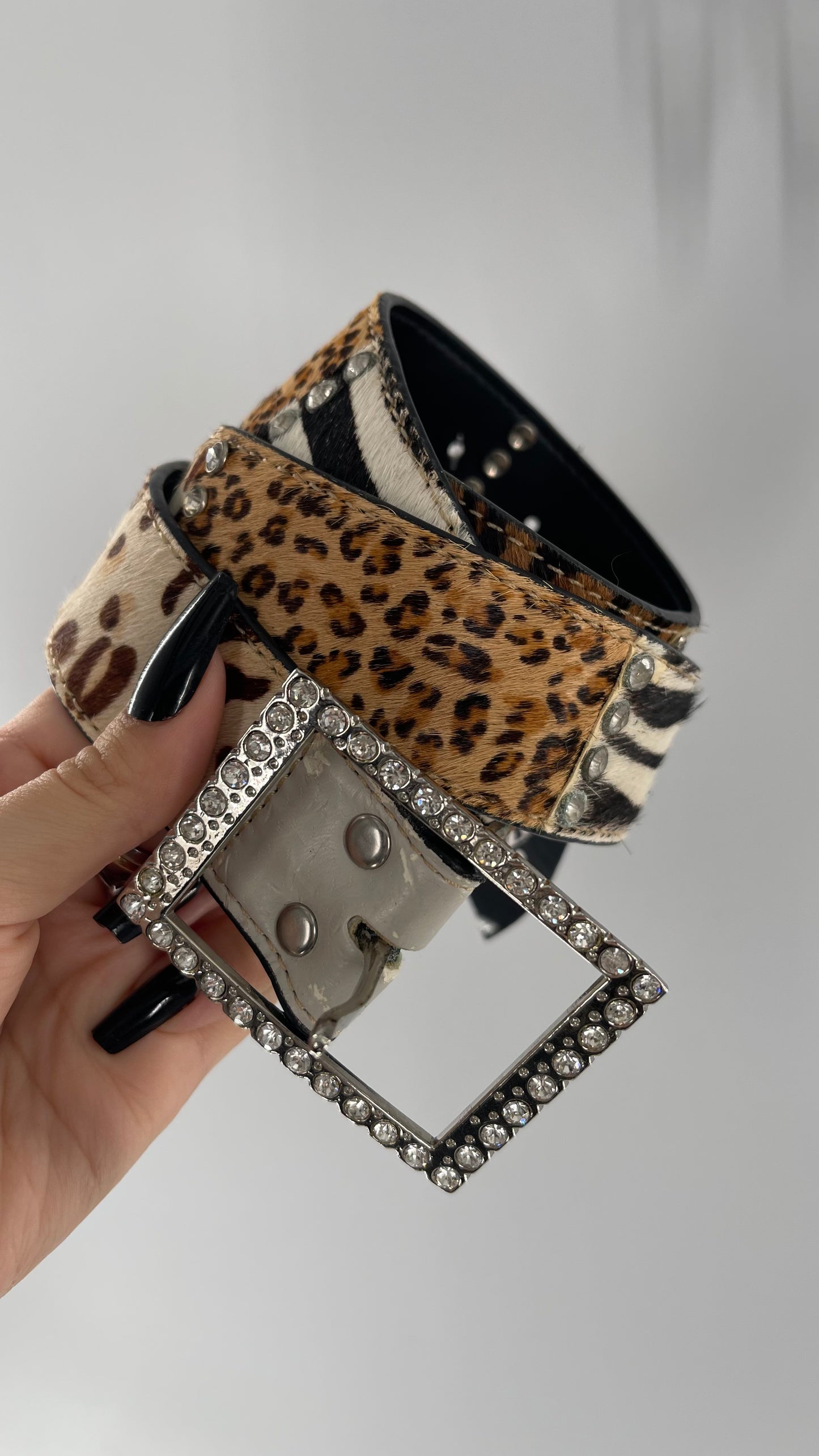 Vintage Pony Fur Animal Print Patchwork Belt with Rhinestone Buckle and Embellishments (Medium)