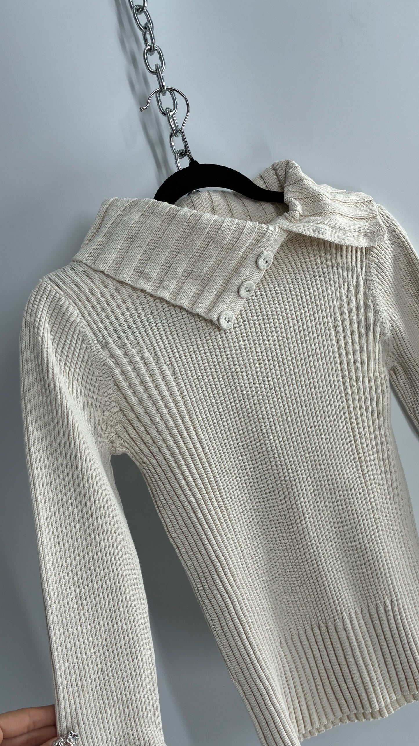 Vintage 1990s DKNY Off White Thick Ribbed Long Sleeve with Fold Over Wrists and Neckline (Medium)