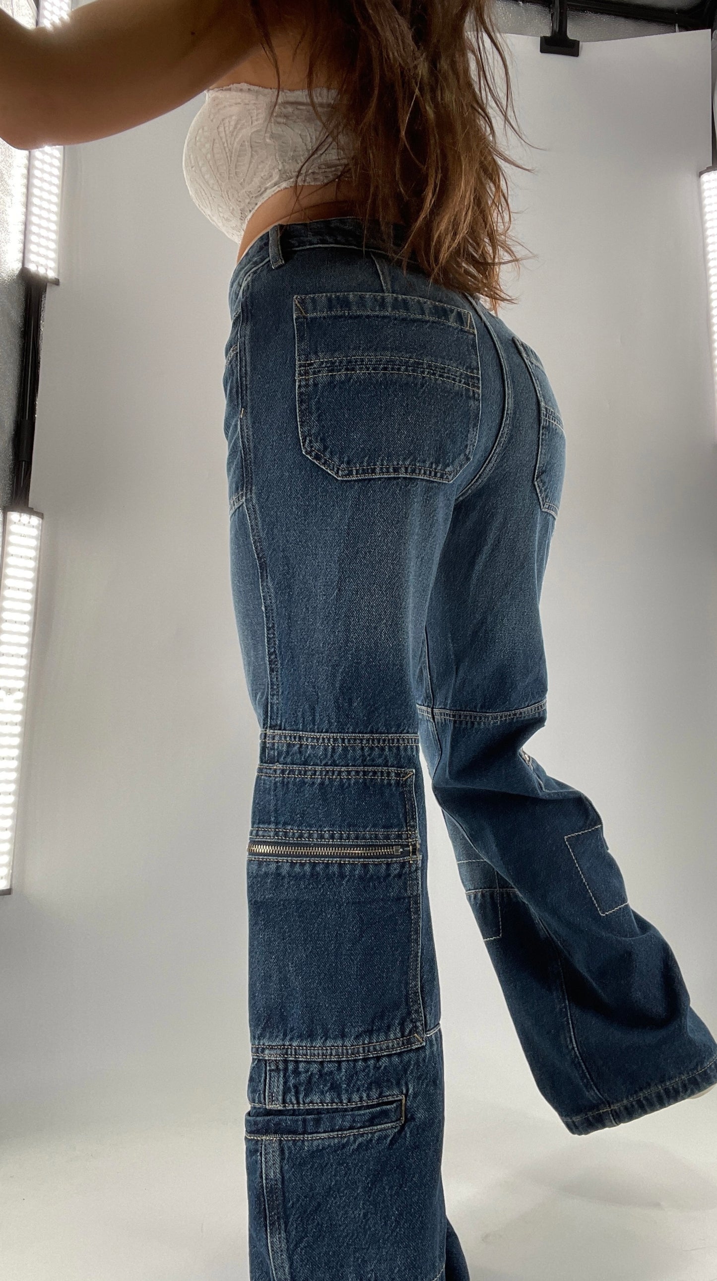 Free People Medium Wash Baggy Straight Legs Jeans Covered in Zippers, Pockets, Stitching (28)