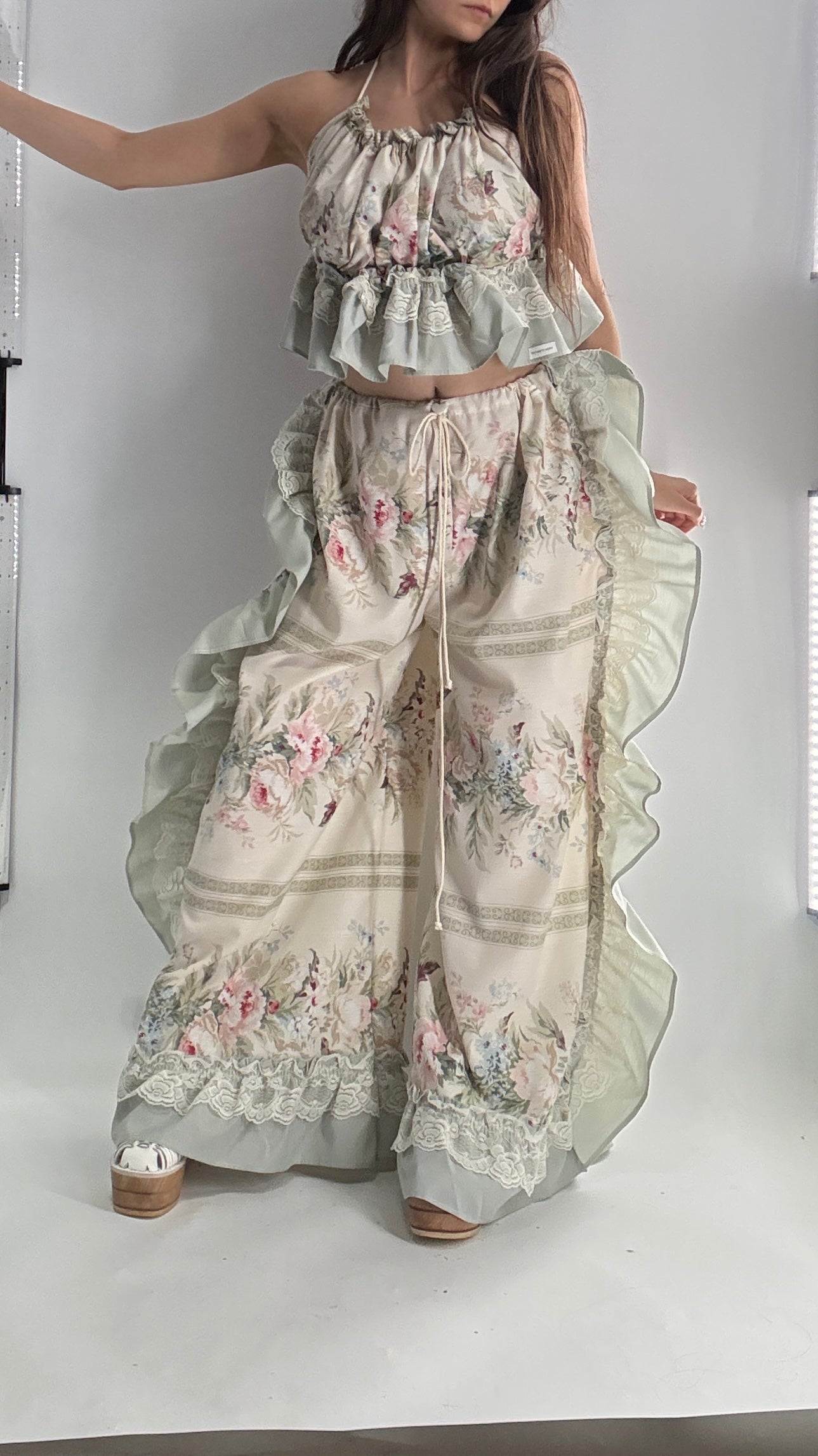 Handmade Vintage Muted Florals Two Piece Set with Adjustable Waist and Bust Lines (XS-XL)