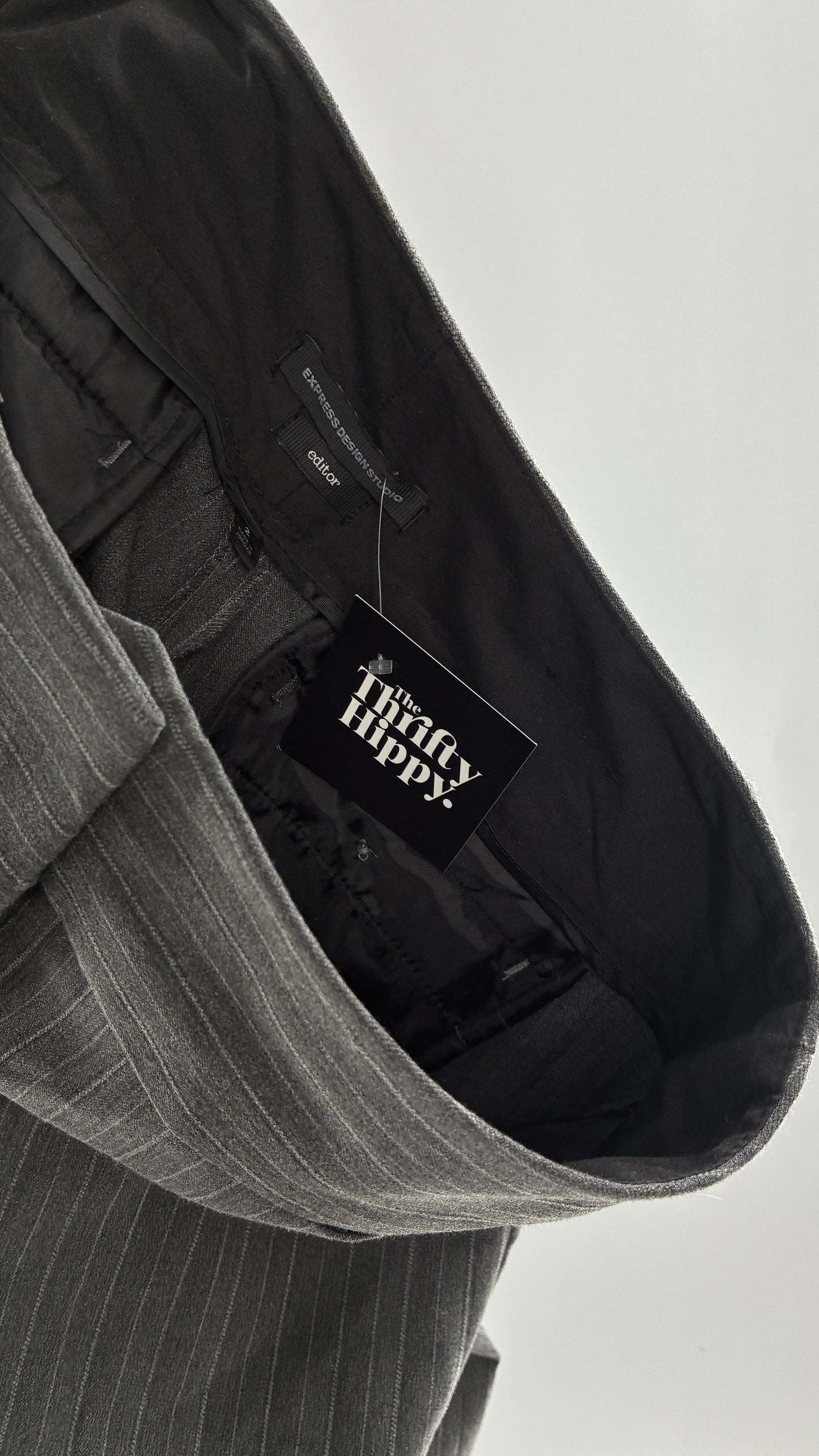 Vintage 1990s EXPRESS Editor Dark Grey Pinstripe Ultra Low Rise Thick Hip Band Kick Flares (2)