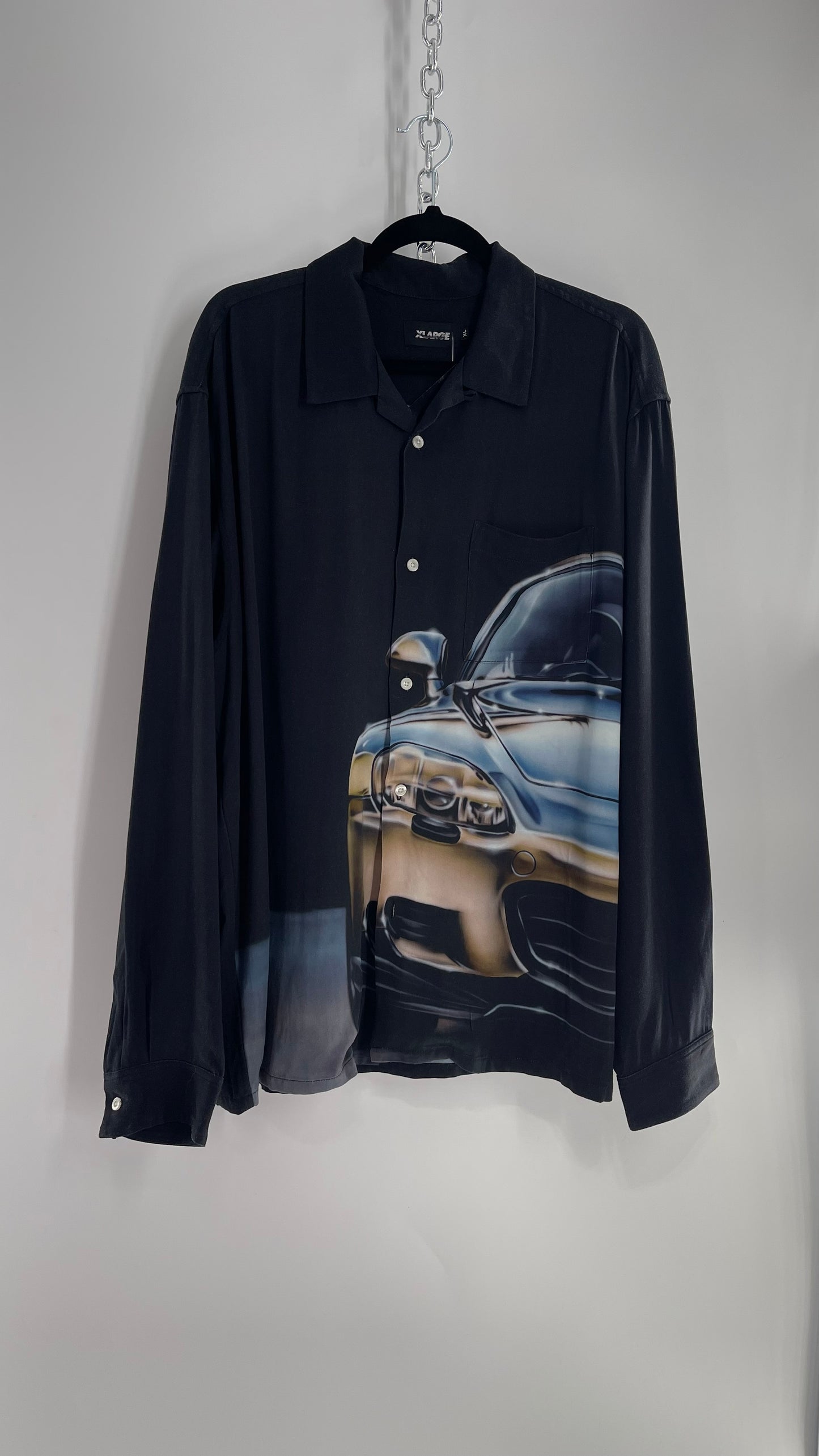 XLARGE Black 100% Rayon Men’s Button Up with HD Futuristic Car Graphic (XL)